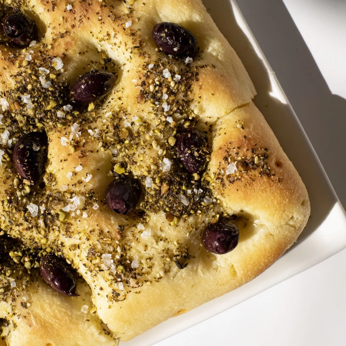 Textured surface of flavorful Zaatar Olive Focaccia, dimpled and glistening with olive oil and olives.