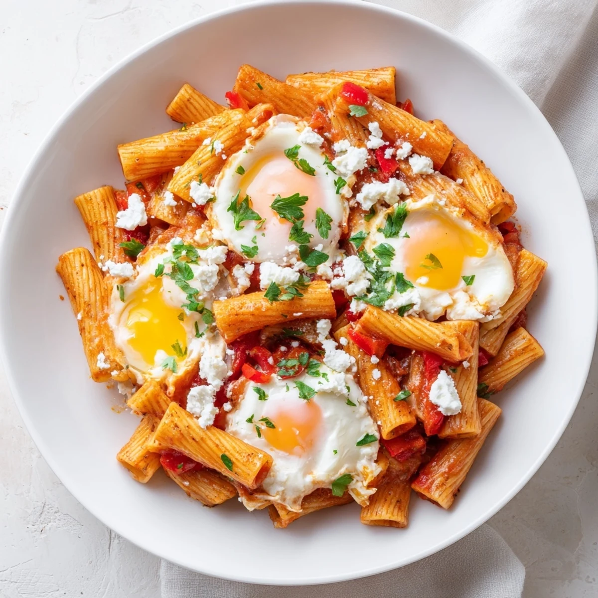 This Shakshuka Baked Pasta shows a warm, bubbly baked dish with melted cheese and fresh herbs on top.