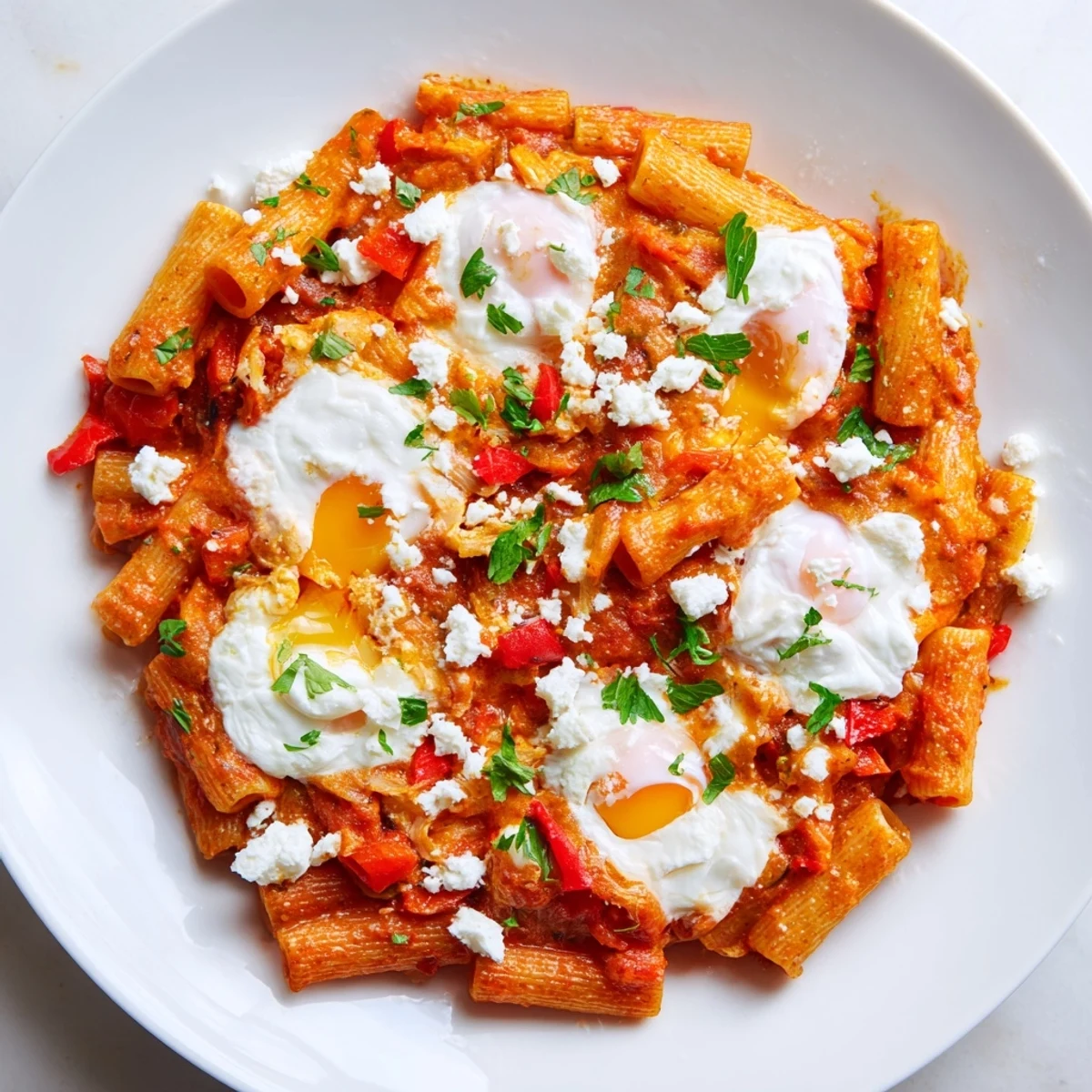 Imagine the amazing flavors of this Shakshuka Baked Pasta; eggs perfectly poached in a rich tomato sauce.