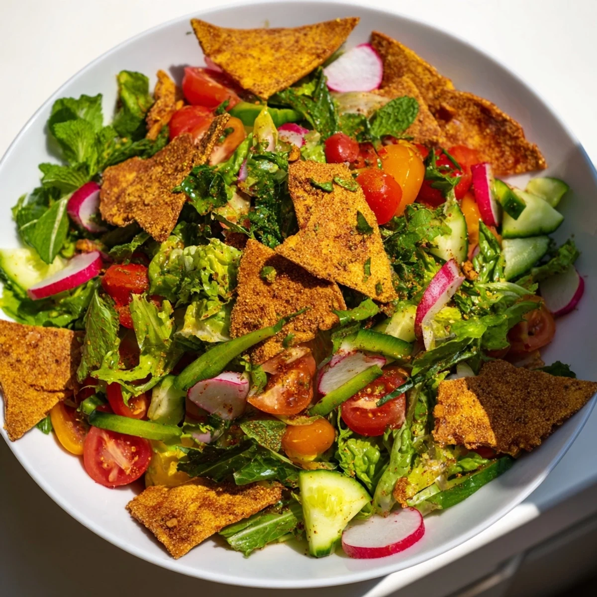 Fresh, vibrant Fattoush Crunch Salad, topped with golden pita chips and a flavorful sumac dressing.