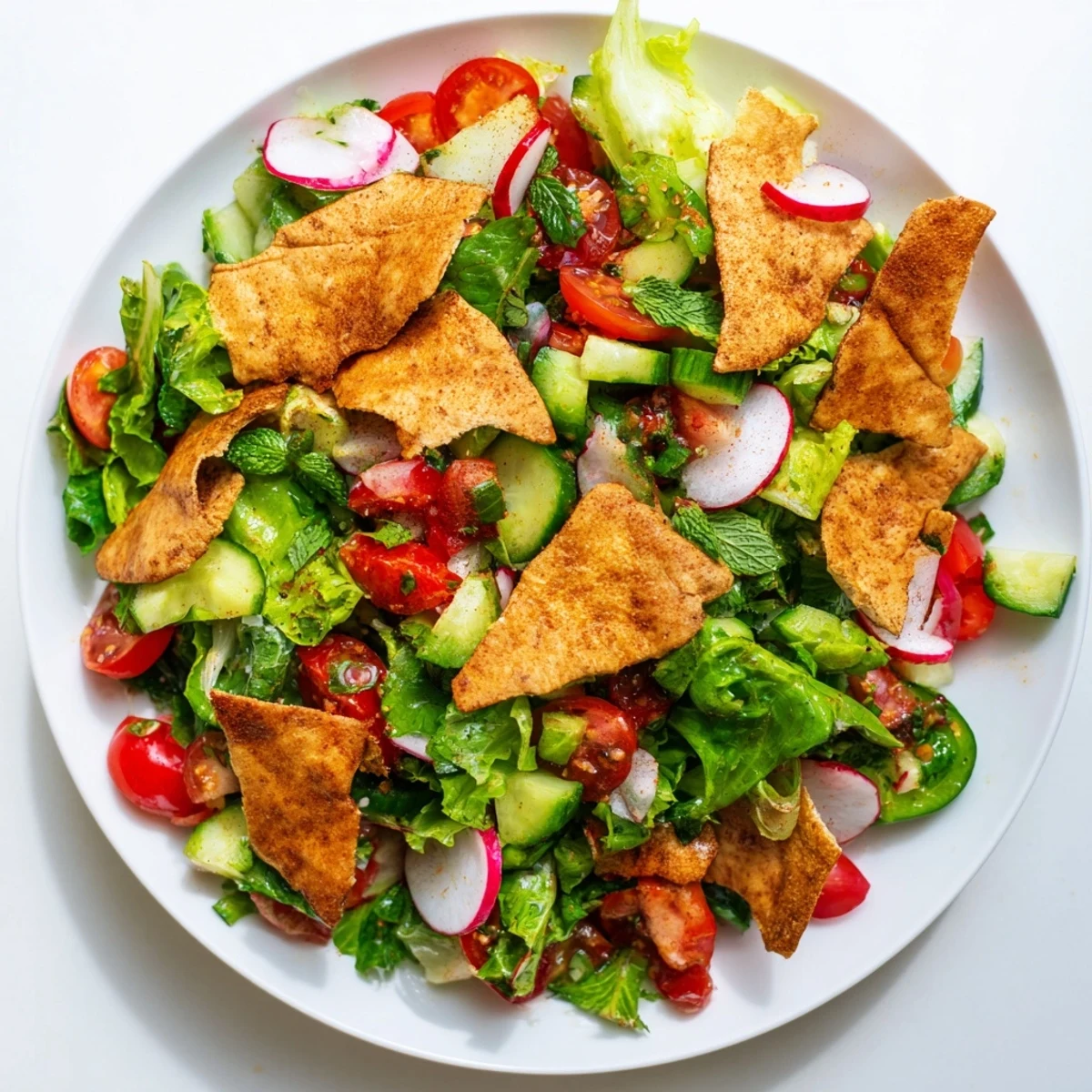 Enjoy a refreshing bite of Fattoush Crunch Salad, featuring fresh herbs and crispy, seasoned pita.