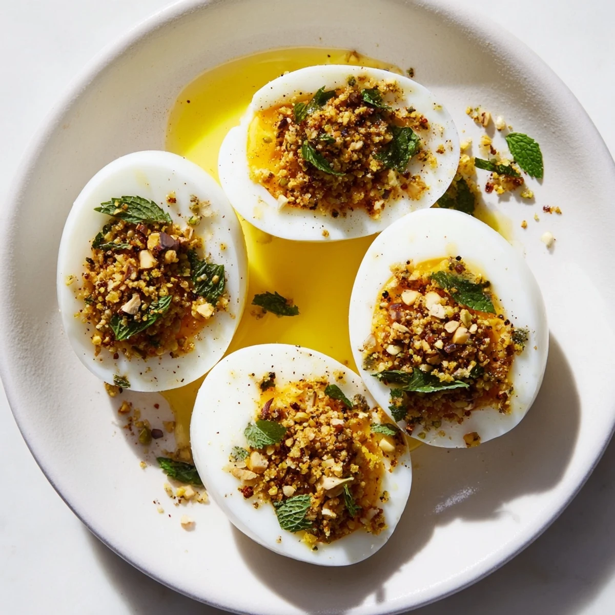 Dukkah-Spiced Eggs: vibrant, golden yolks sprinkled with crunchy dukkah and fresh green herbs; a flavorful brunch.