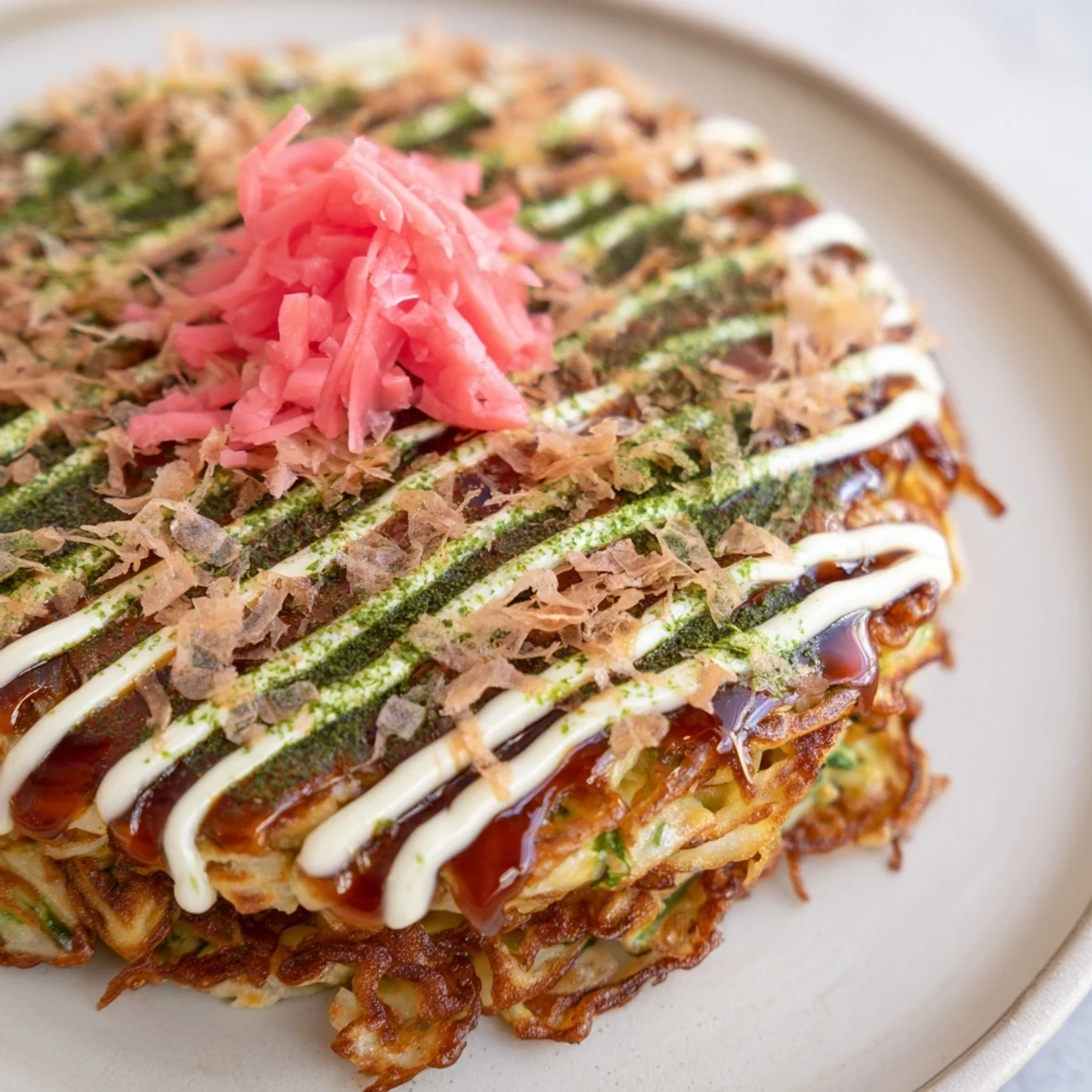 Savory Japanese Okonomiyaki Pancakes on a plate, drizzled with mayonnaise and okonomiyaki sauce, garnished with aonori and pickled ginger.  