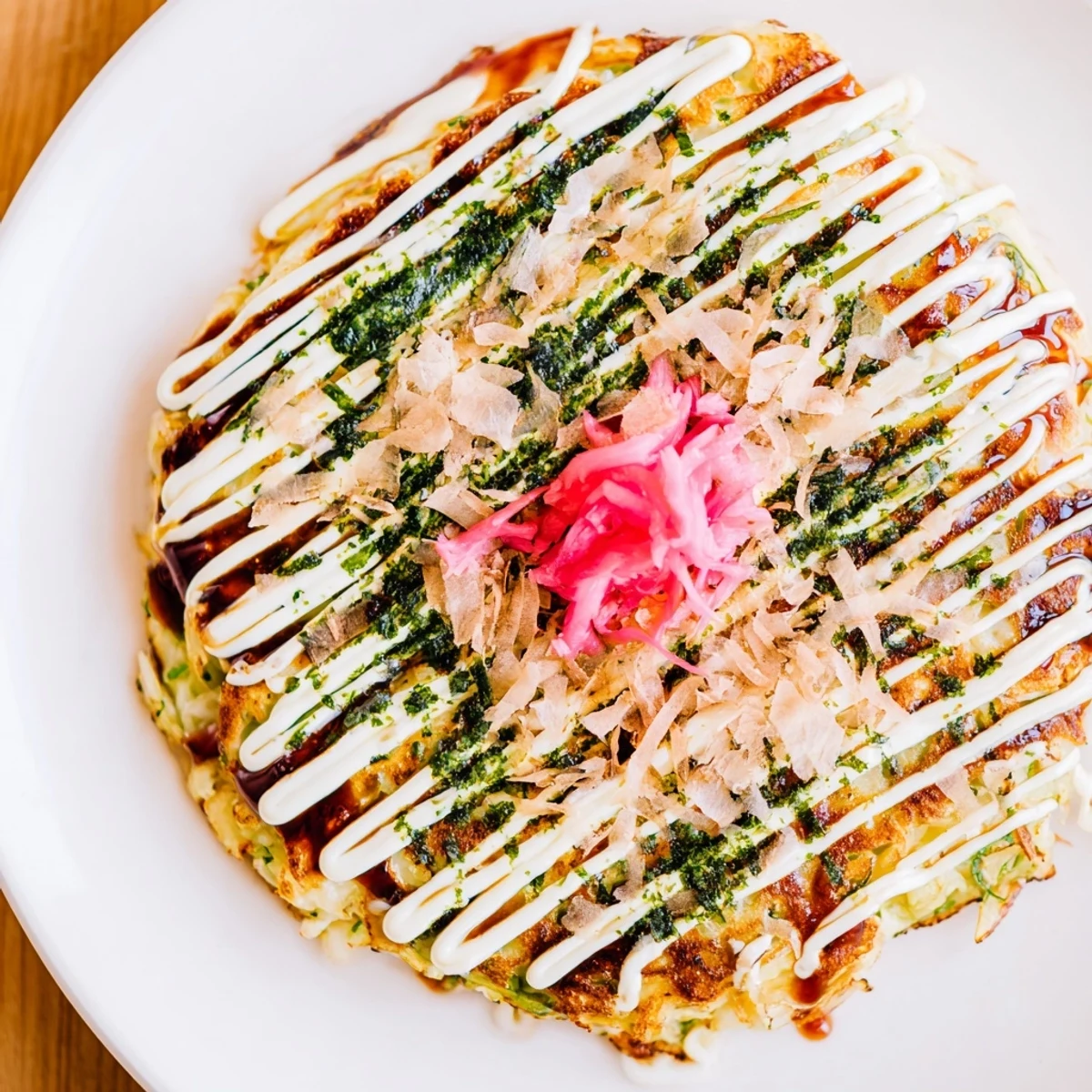 A close-up of fluffy Japanese Okonomiyaki Pancakes featuring crispy bacon, vibrant cabbage, and dancing bonito flakes over a savory pancake.
