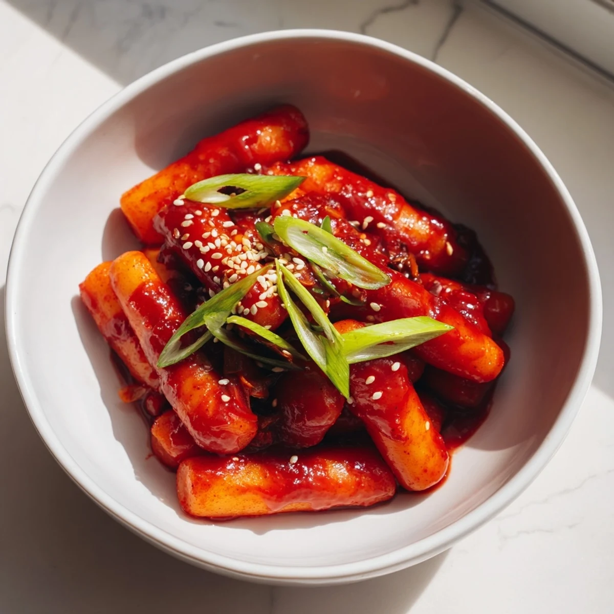Korean Tteokbokki simmered in a glossy, spicy gochujang sauce with chewy rice cakes and fresh green onions.