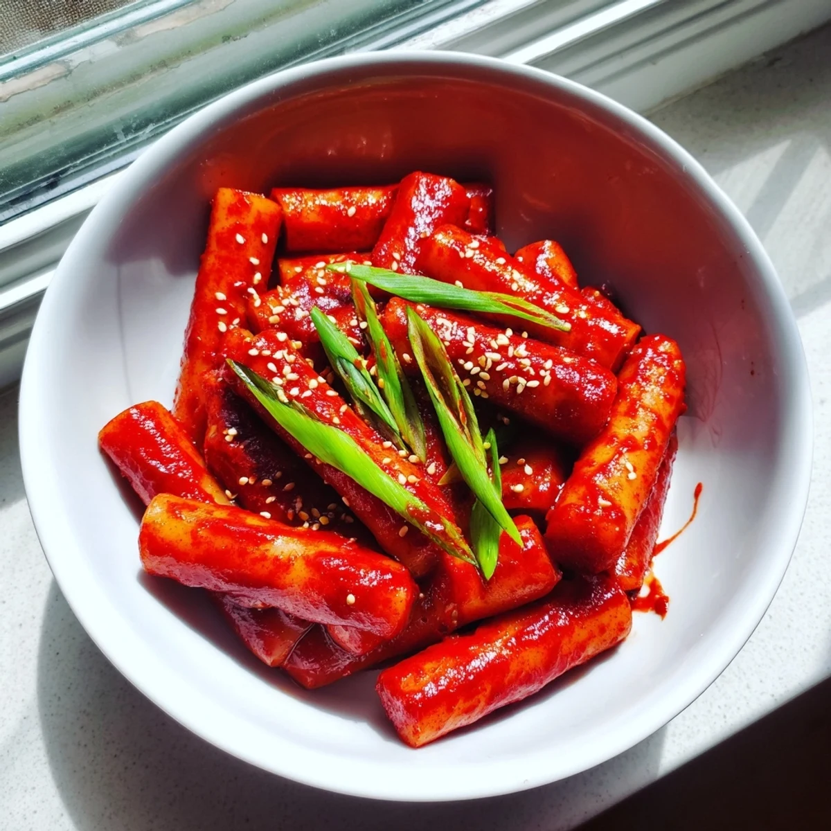 Close-up of Korean Tteokbokki in a skillet, garnished with sesame seeds and sliced onions, ready to serve.
