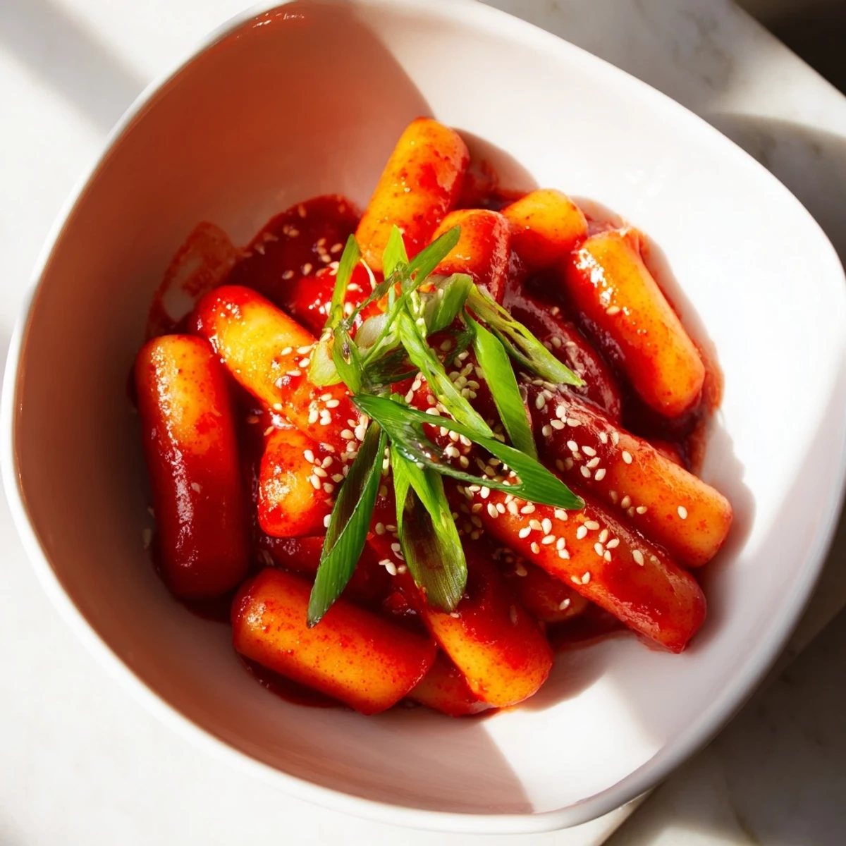 Steaming Korean Tteokbokki with tender rice cakes in a sweet and spicy sauce, perfect for weeknight comfort food.