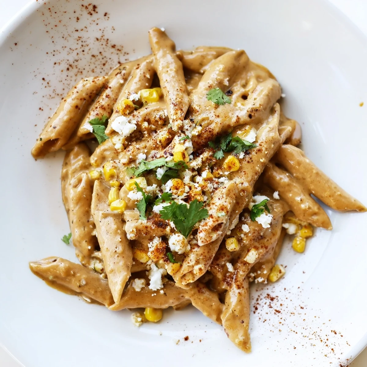 A vibrant bowl of Mexican Street Corn Pasta garnished with cotija cheese and fresh cilantro leaves.