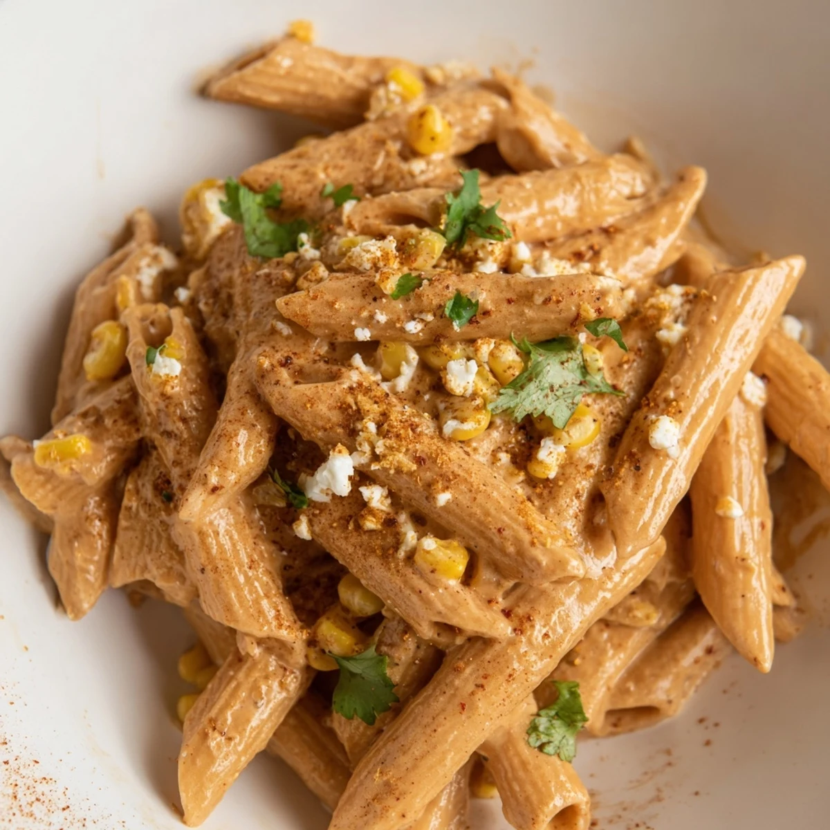 Mexican Street Corn Pasta served warm with lime wedges and a sprinkle of chili powder for flavor.