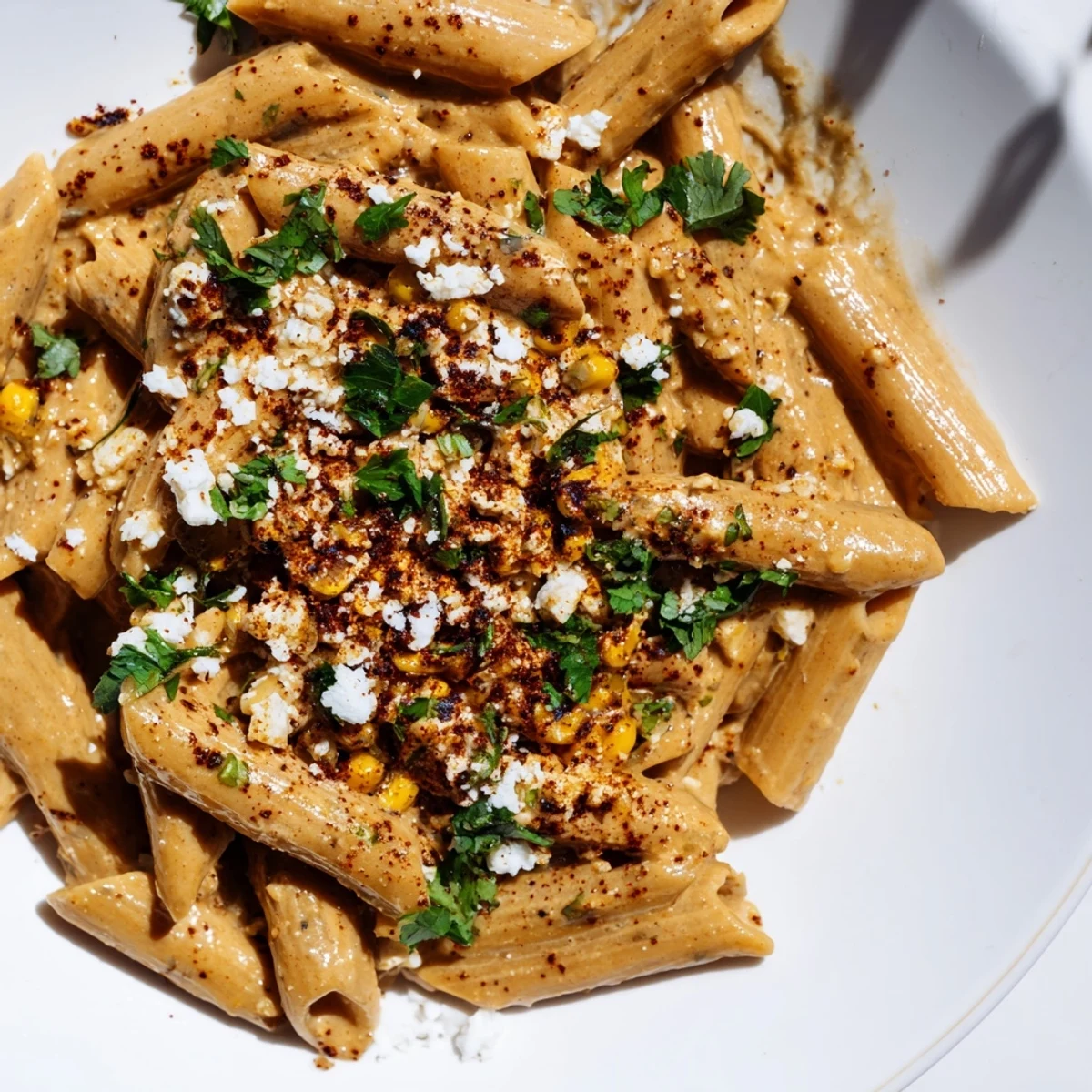 Creamy Mexican Street Corn Pasta in a skillet, featuring charred corn, cotija, and zesty lime toppings.