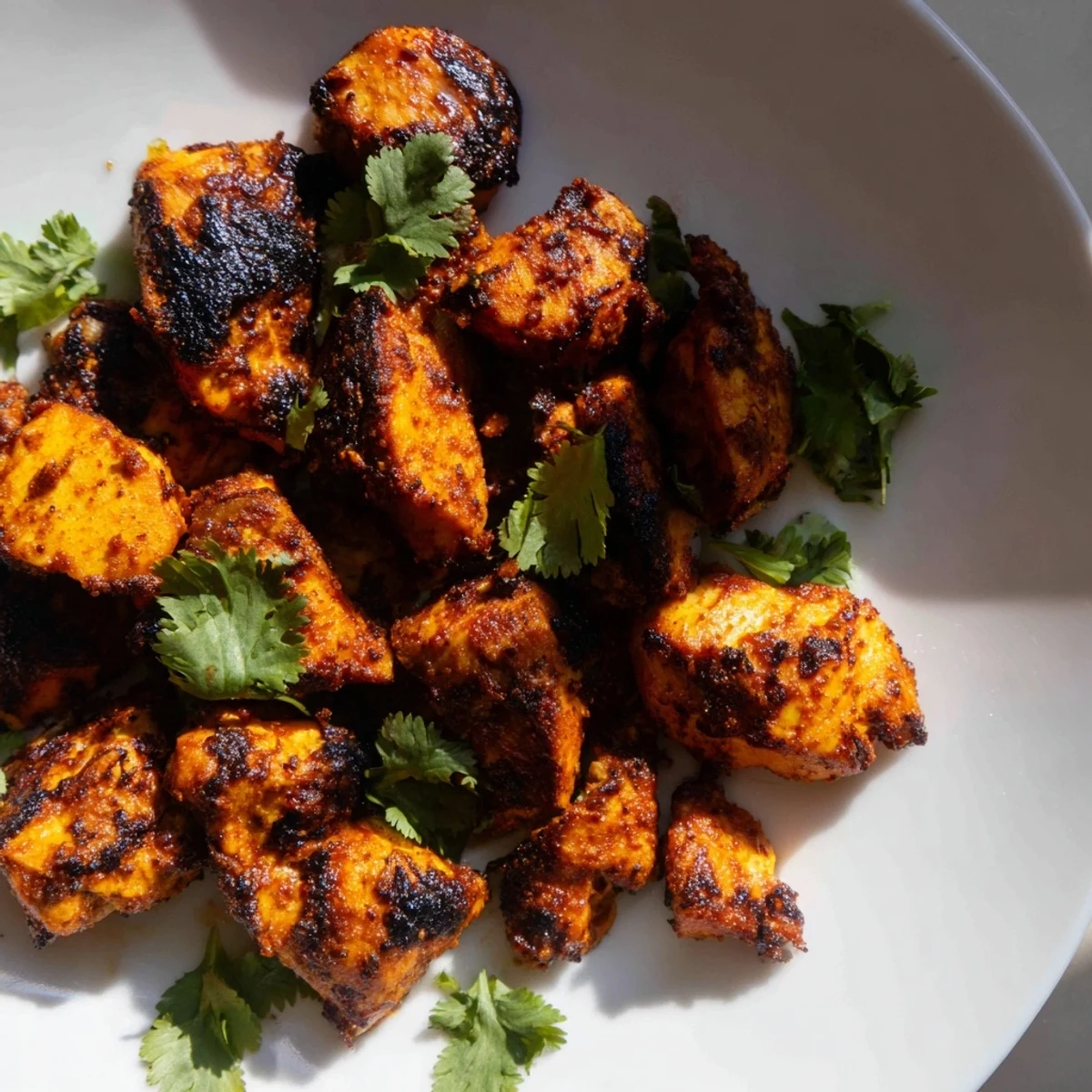 Golden-brown Indian Tikka Spiced Chicken pieces arranged on a plate, garnished with fresh cilantro and lemon wedges.  