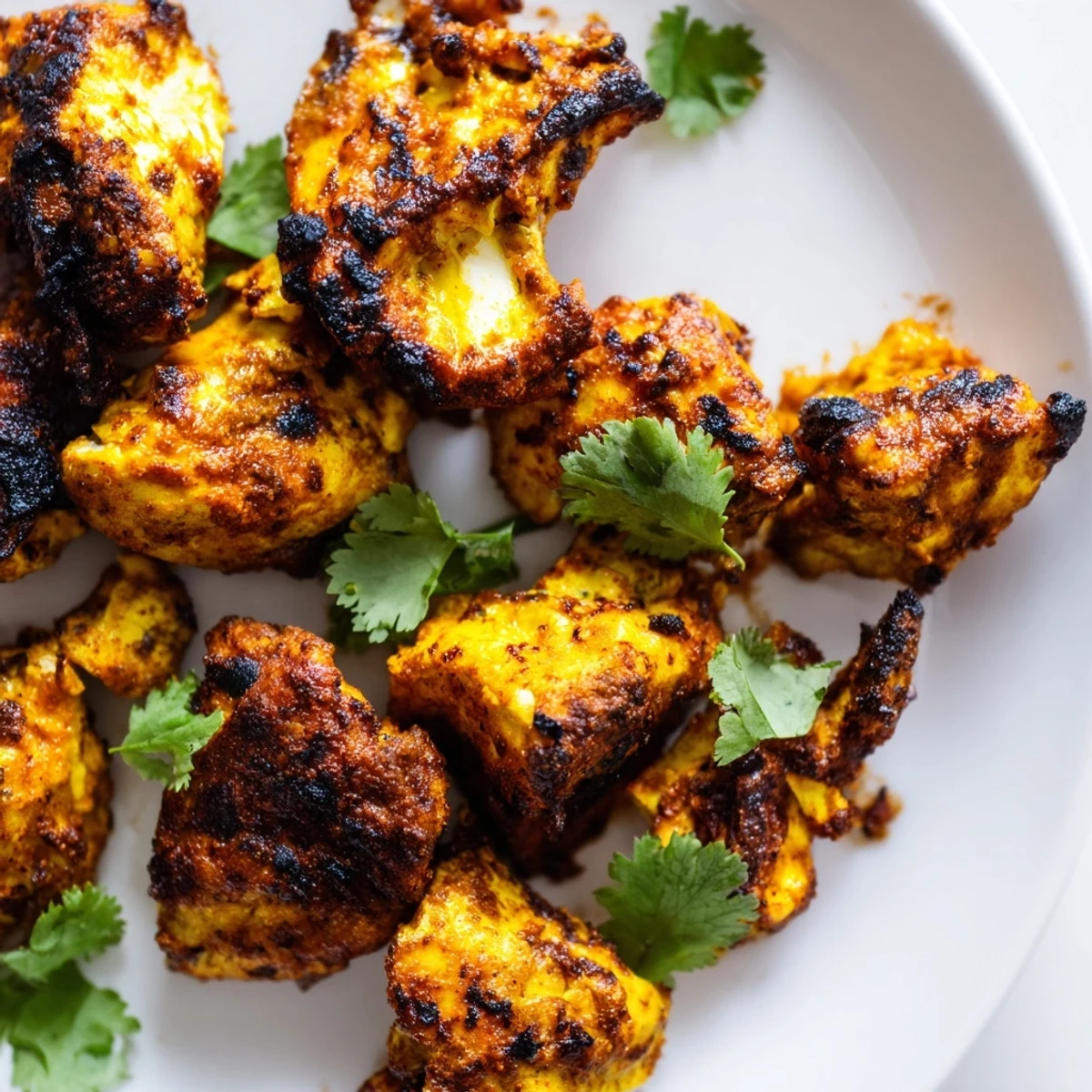 Vibrant Indian Tikka Spiced Chicken pieces on a platter with sliced red onion and fresh cilantro garnish.