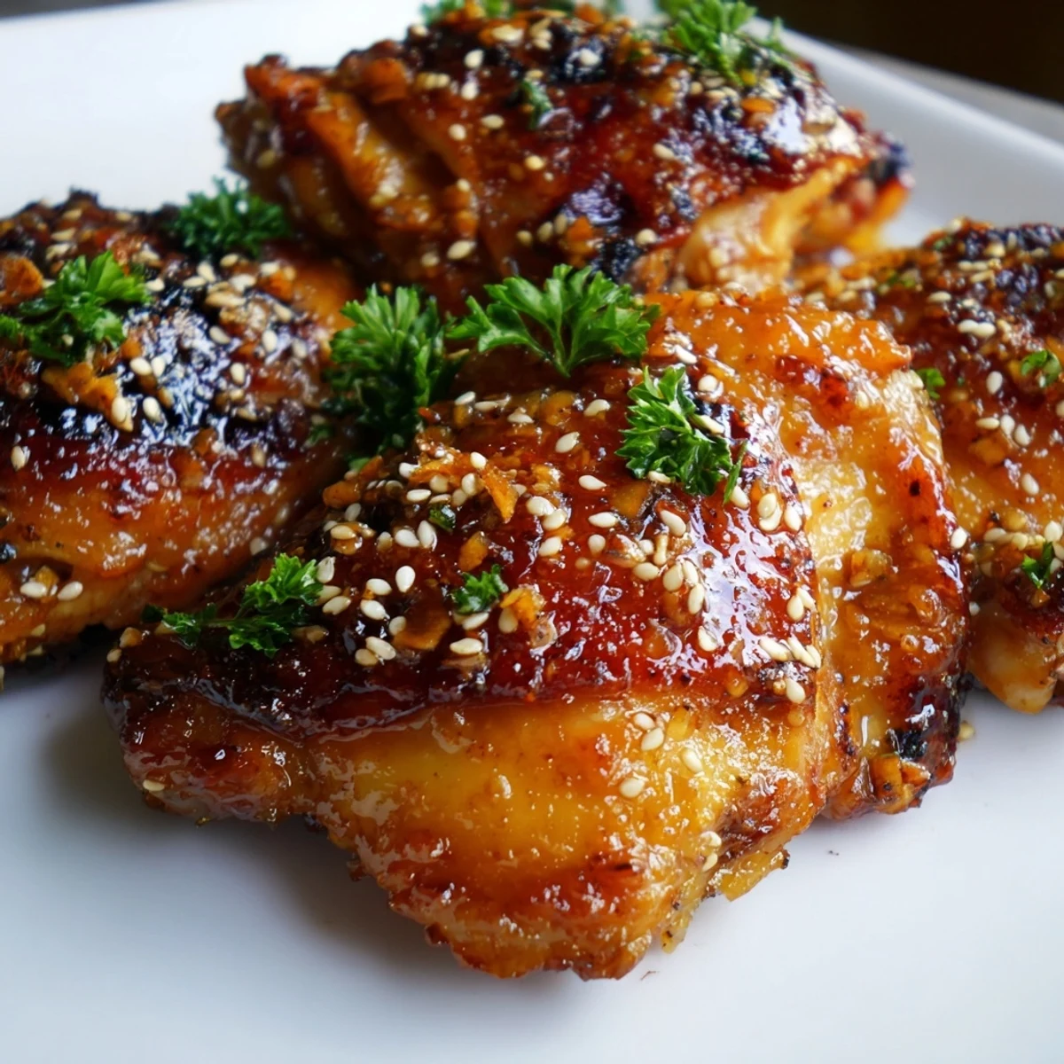 Golden-brown Honey Garlic Glazed Chicken thighs resting on a plate with fresh parsley and sesame seeds, ready to serve with steamed rice.