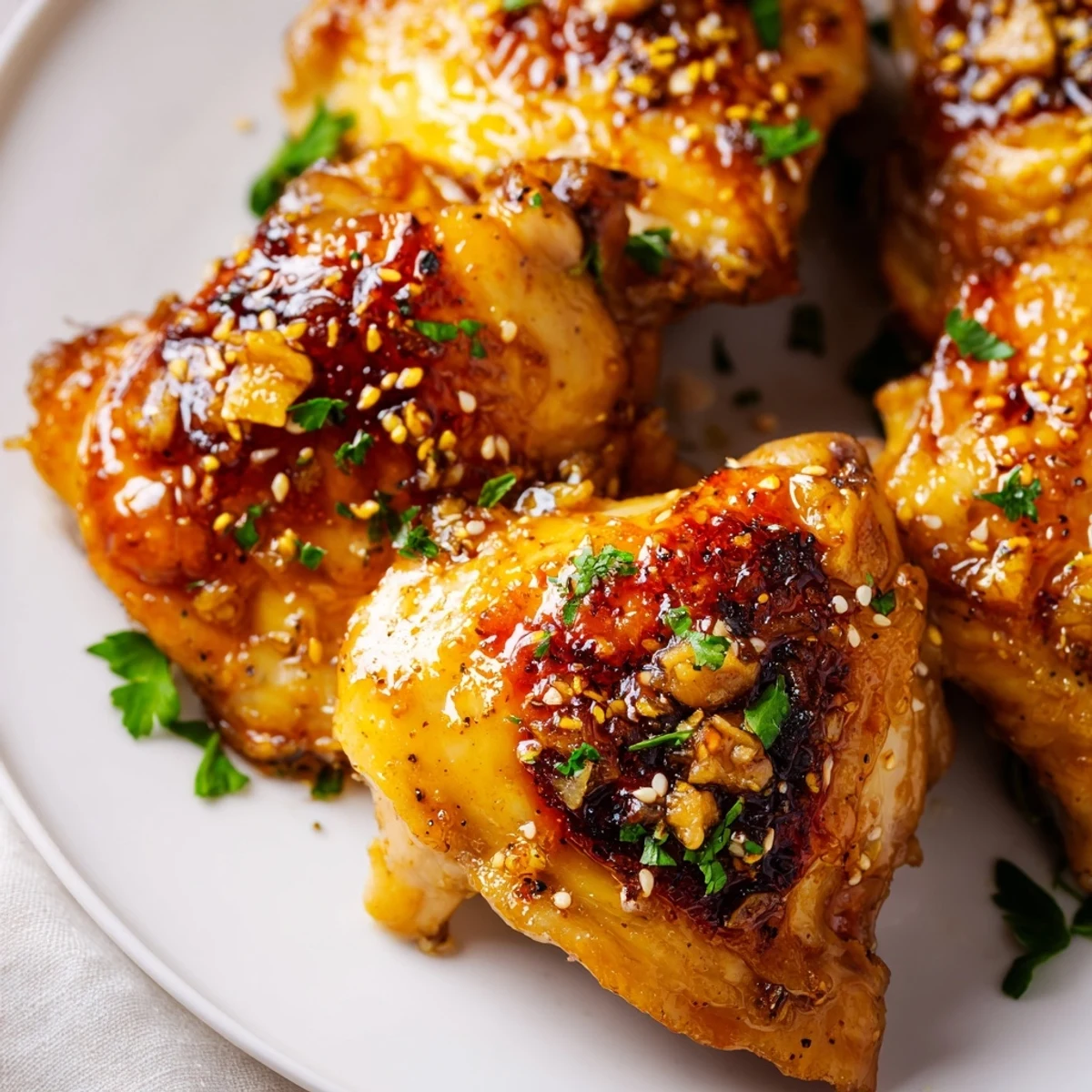 Sizzling Honey Garlic Glazed Chicken thighs in an oven-safe skillet, garnished with chopped green onions and a drizzle of extra glaze.