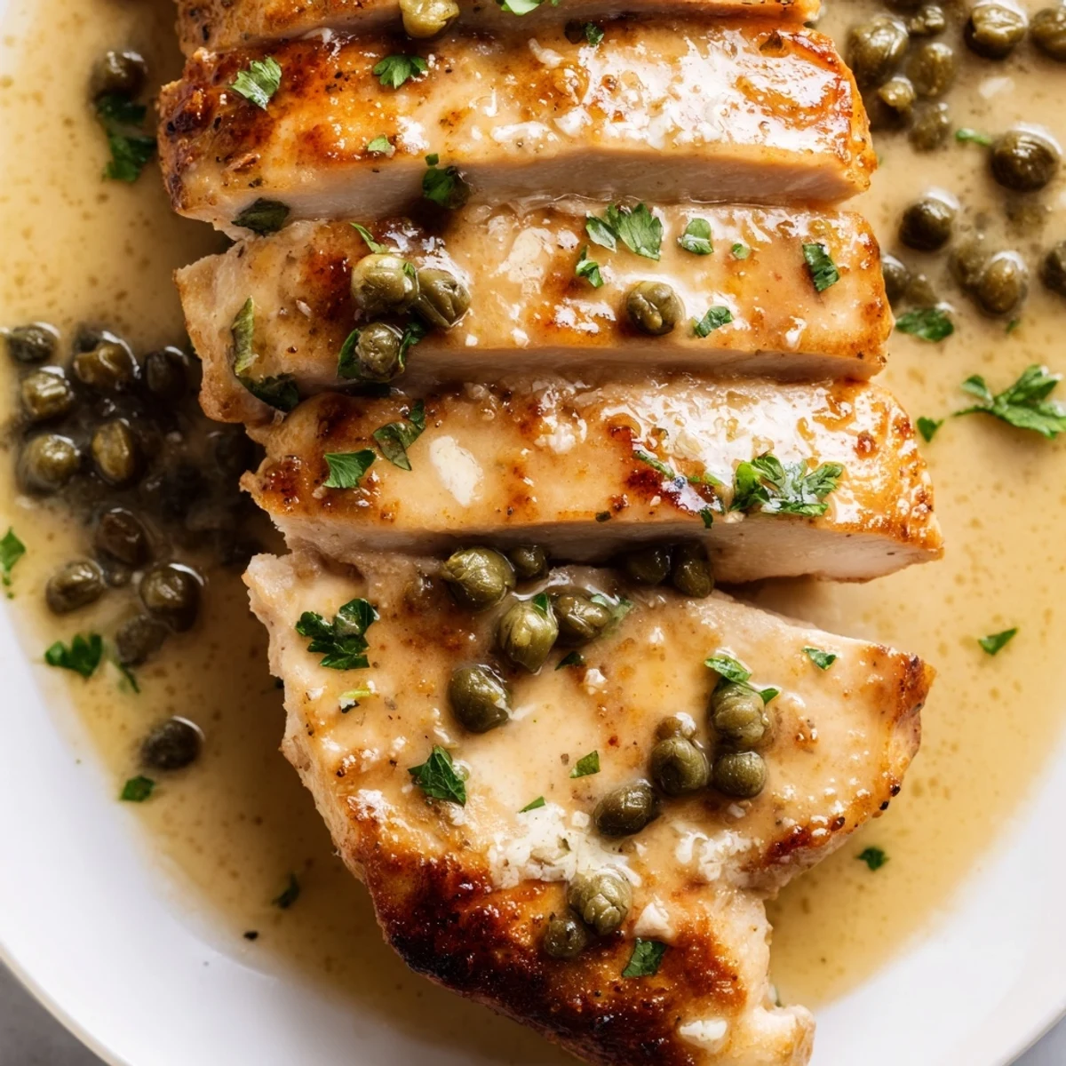 Golden, pan-fried Creamy Chicken Piccata topped with fresh parsley and lemon wedges, ready to serve over pasta.