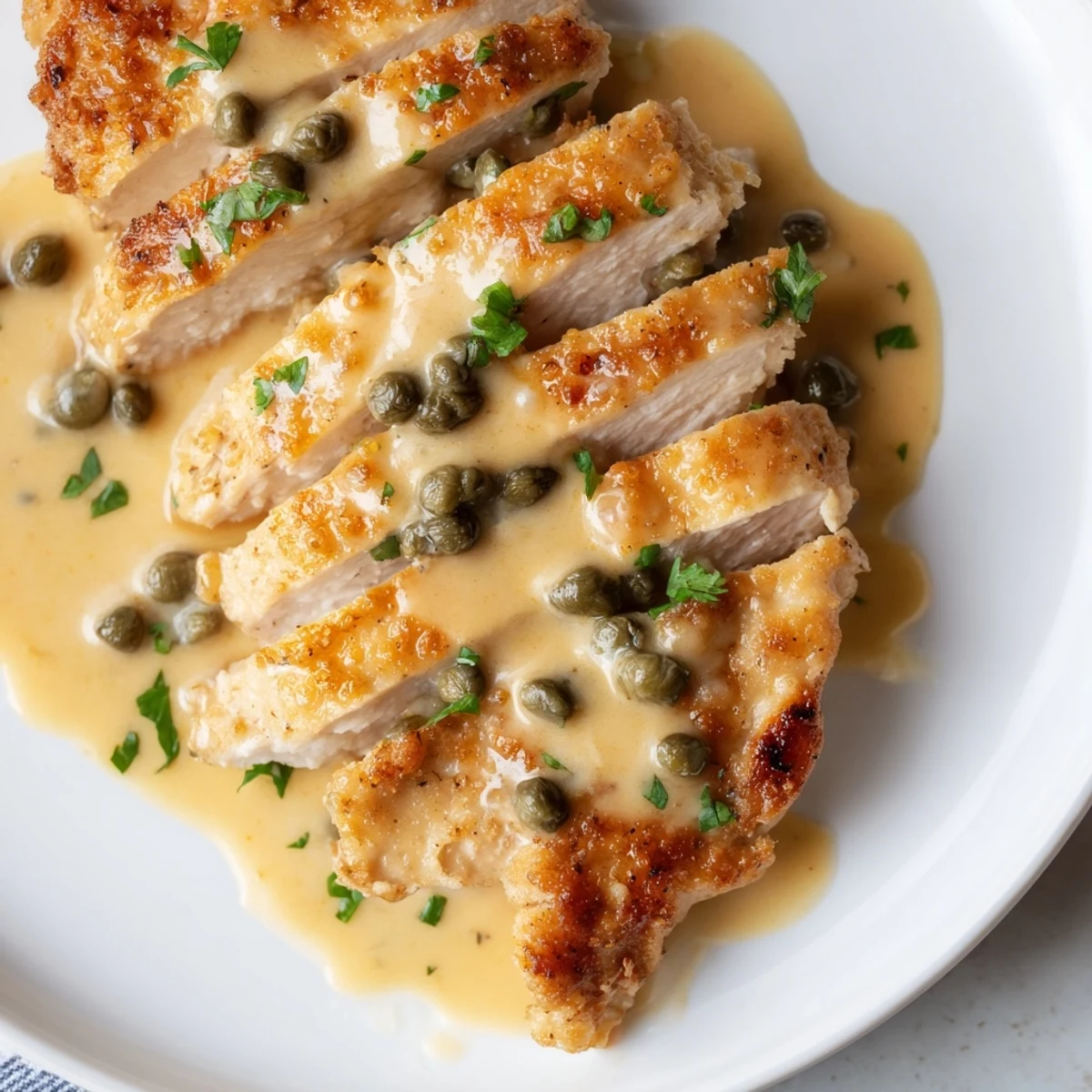 Plated Creamy Chicken Piccata, drizzled with a luscious sauce, garnished with bright capers and fresh herbs.