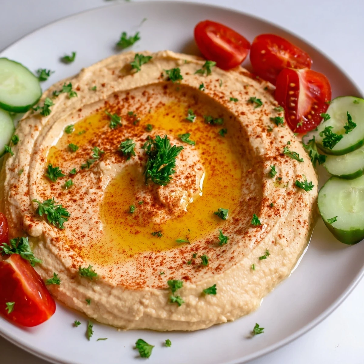 A close-up of a Middle Eastern Mezze Platter featuring warm pita triangles, vibrant cherry tomatoes, cucumber slices, and tangy cheese.  