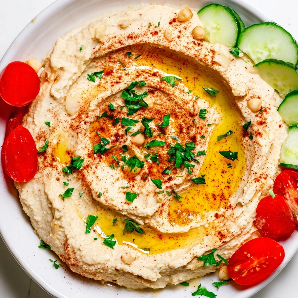 An inviting Middle Eastern Mezze Platter with hummus drizzled in olive oil, fresh parsley, and an array of colorful veggies and olives.