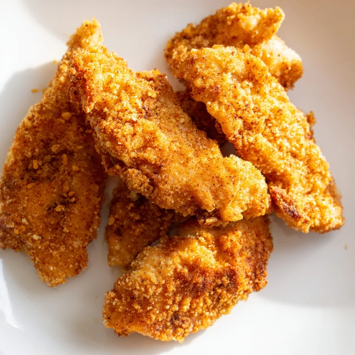 Golden-brown crispy fried chicken tenders rest on a rustic wooden board with fresh parsley garnish.