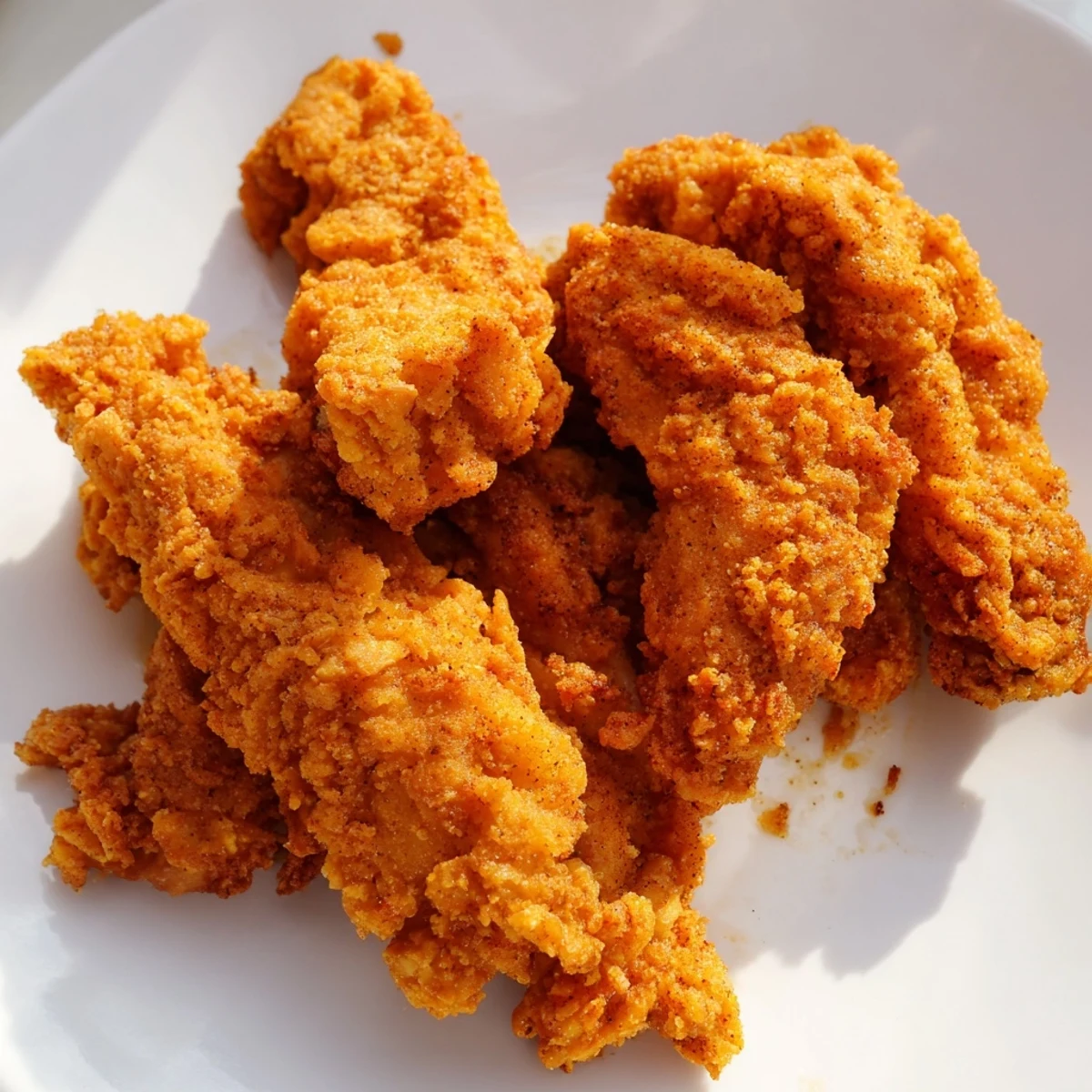Family-style platter of juicy, golden fried chicken tenders alongside crispy french fries and pickles.