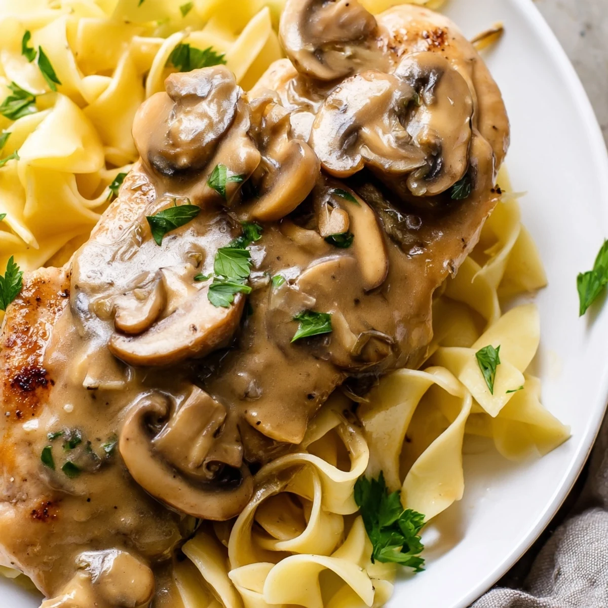 Golden-brown pan-seared chicken breasts simmered in a rich, creamy Marsala and mushroom sauce, served over fettuccine for a comforting Italian-American dinner.  
