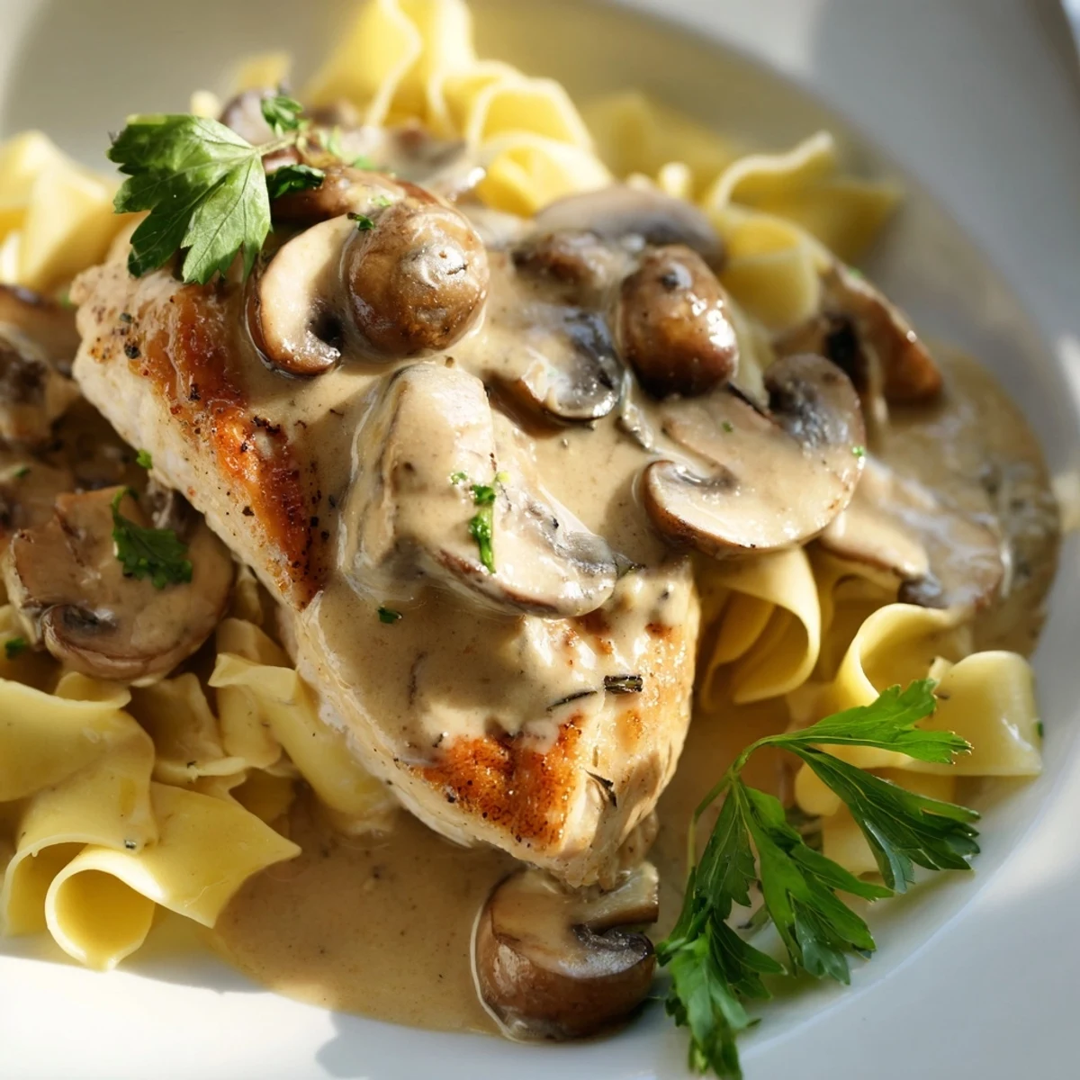 A close-up of succulent chicken and sautéed mushrooms in a velvety Marsala sauce, garnished with fresh parsley and grated Parmesan.