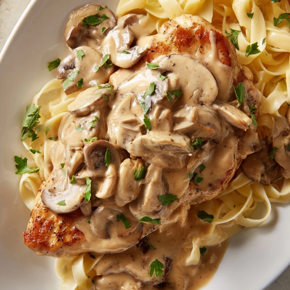 Tender chicken and earthy cremini mushrooms enveloped in a glossy, aromatic Marsala wine cream sauce, ready to be served over pasta.  