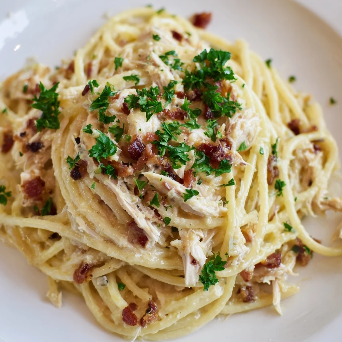 Steaming Chicken Carbonara in a creamy Parmesan sauce, tossed with crispy bacon and fresh parsley, served in a rustic bowl.