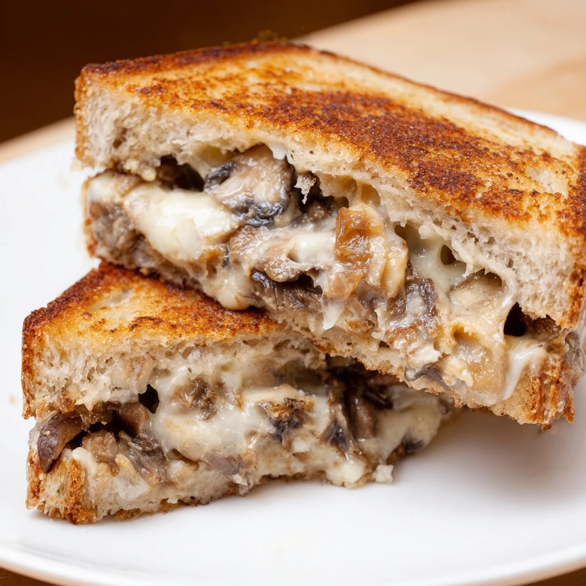 Melted Swiss cheese and sautéed mushrooms ooze from crispy, golden rye bread slices in this hearty Mushroom Swiss Grilled Cheese sandwich, served warm.  