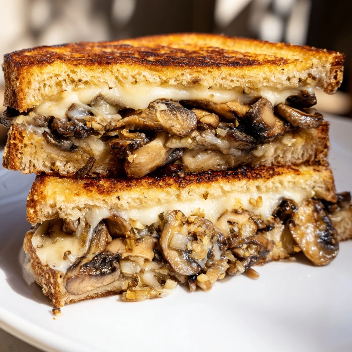 A toasted Mushroom Swiss Grilled Cheese sandwich showcases earthy mushrooms and melted Swiss cheese between crisp, buttery rye bread slices.