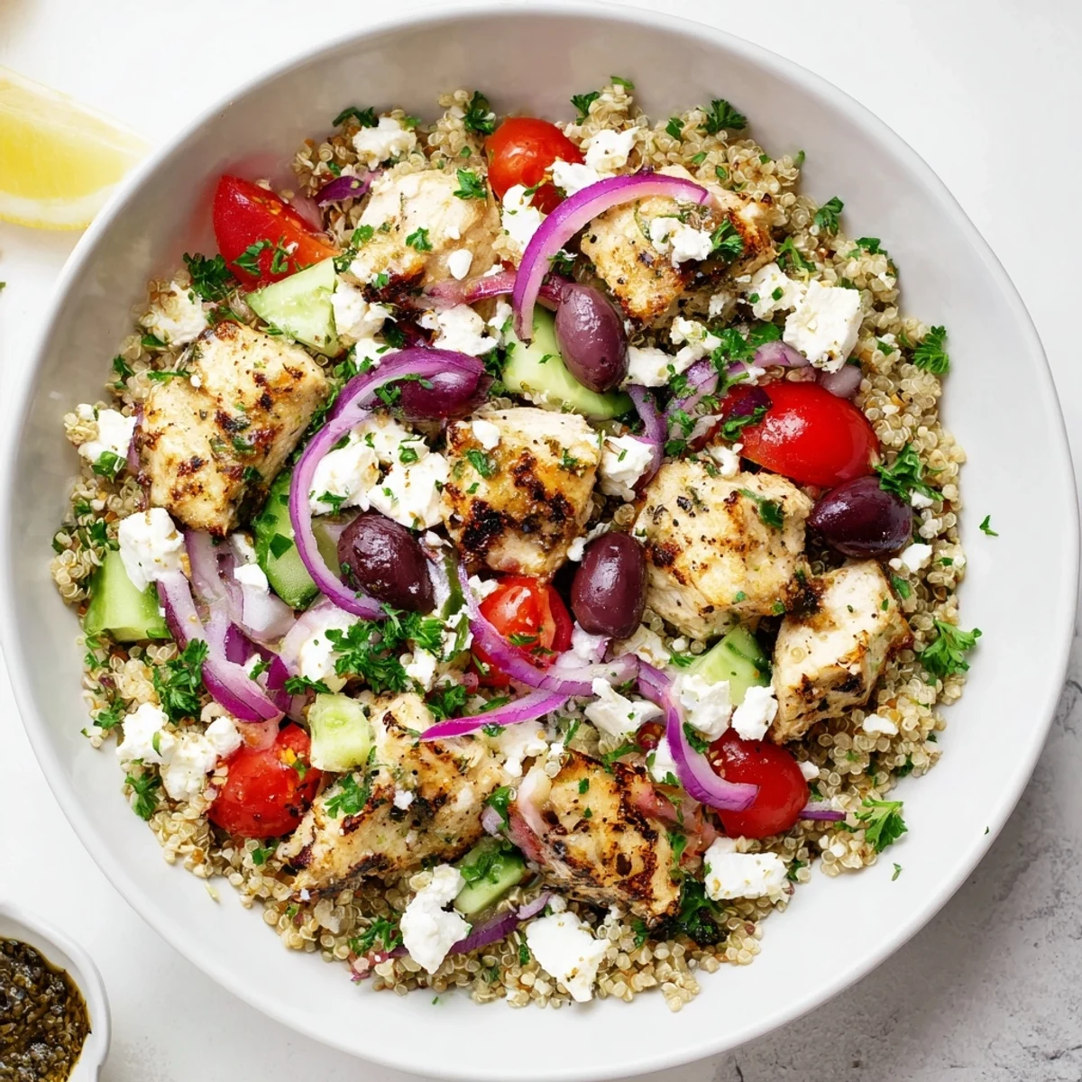 Colorful and healthy Mediterranean Chicken Bowl with seasoned chicken, fluffy quinoa, crunchy vegetables, feta crumbles, and a light lemon-oregano drizzle.