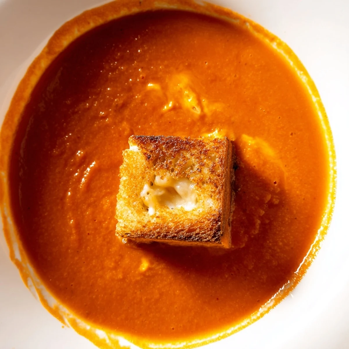 Serve this easy vegetarian American soup hot in a rustic bowl, with a golden grilled cheese crouton on top.