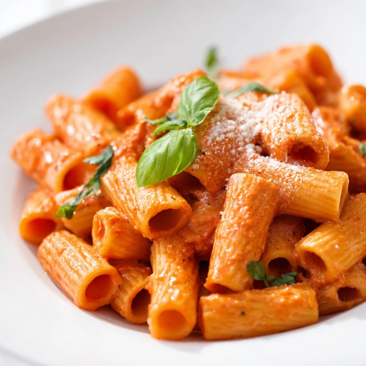 Steaming Spicy Rigatoni Pasta served in a rustic white bowl, garnished with fresh basil and grated Parmesan cheese.
