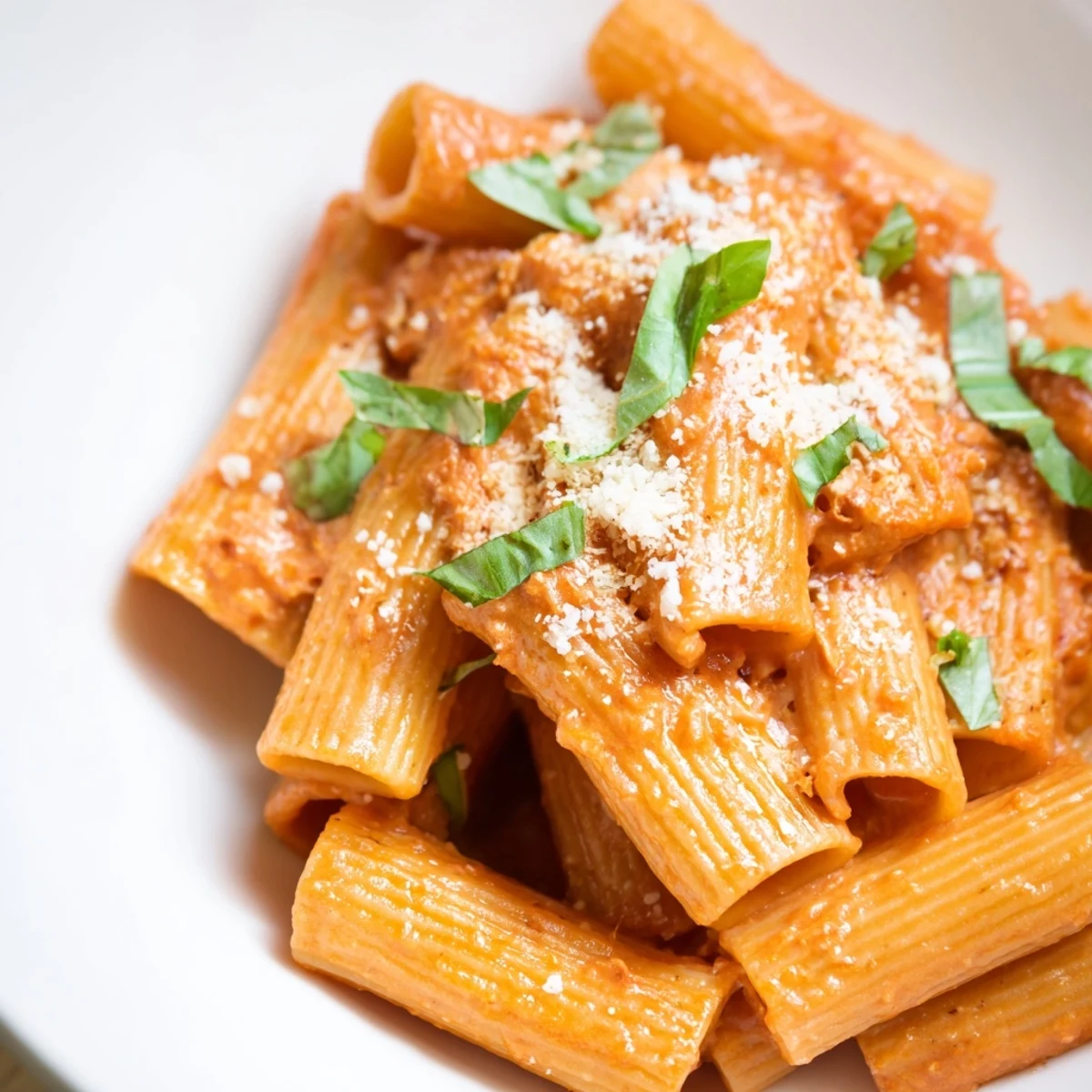 A serving of Spicy Rigatoni Pasta tossed in a creamy tomato sauce, with a glass of white wine beside it.