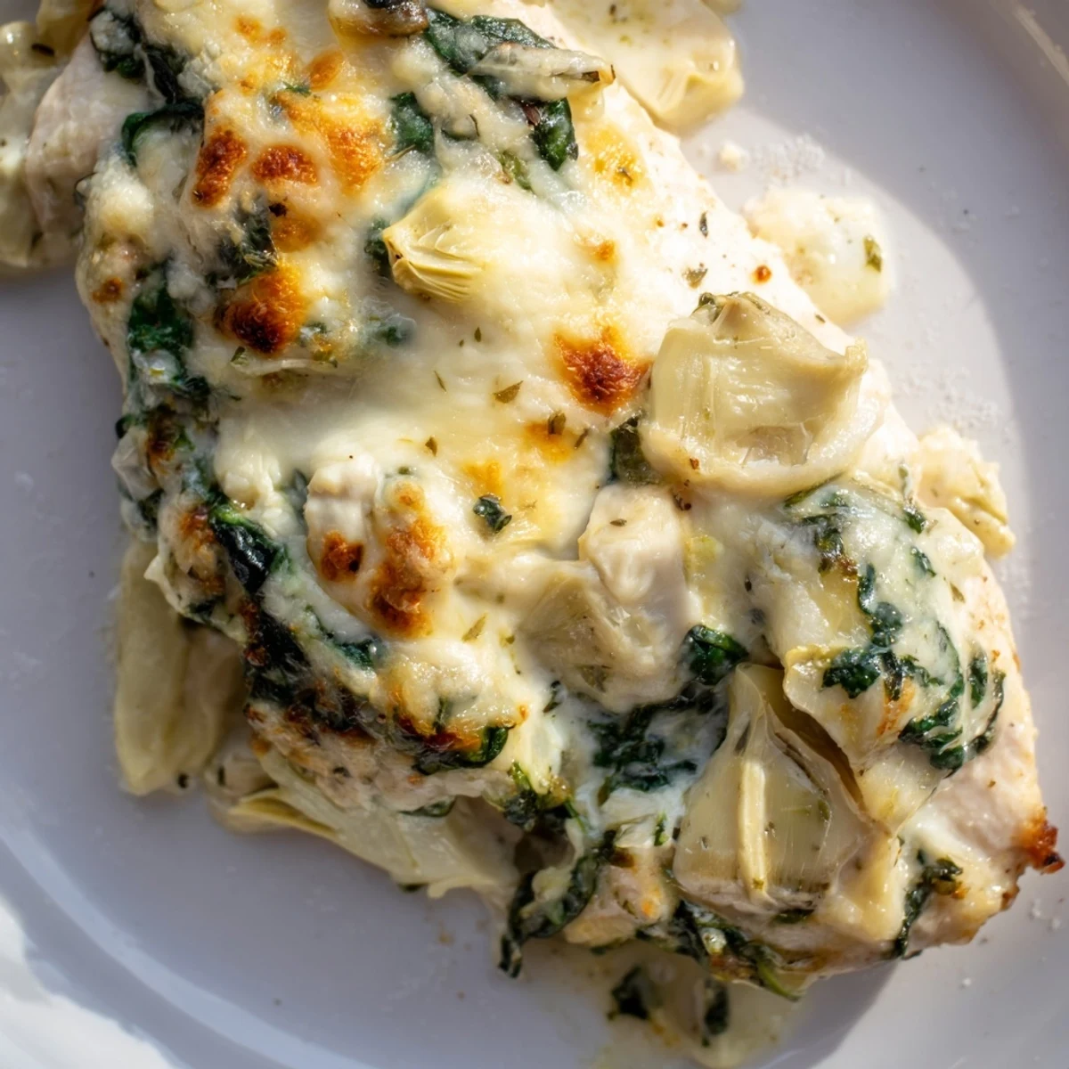 Golden-brown Spinach & Artichoke Chicken Bake fresh from the oven, topped with bubbly melted mozzarella and Parmesan.