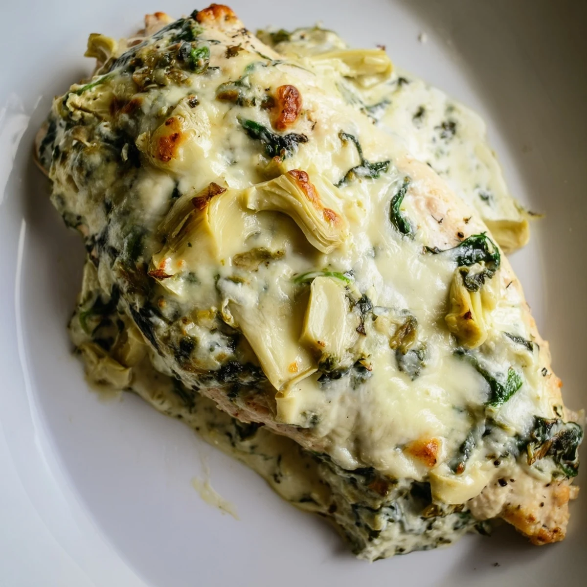 Spinach & Artichoke Chicken Bake served on a white plate, ideal for a weeknight main course.