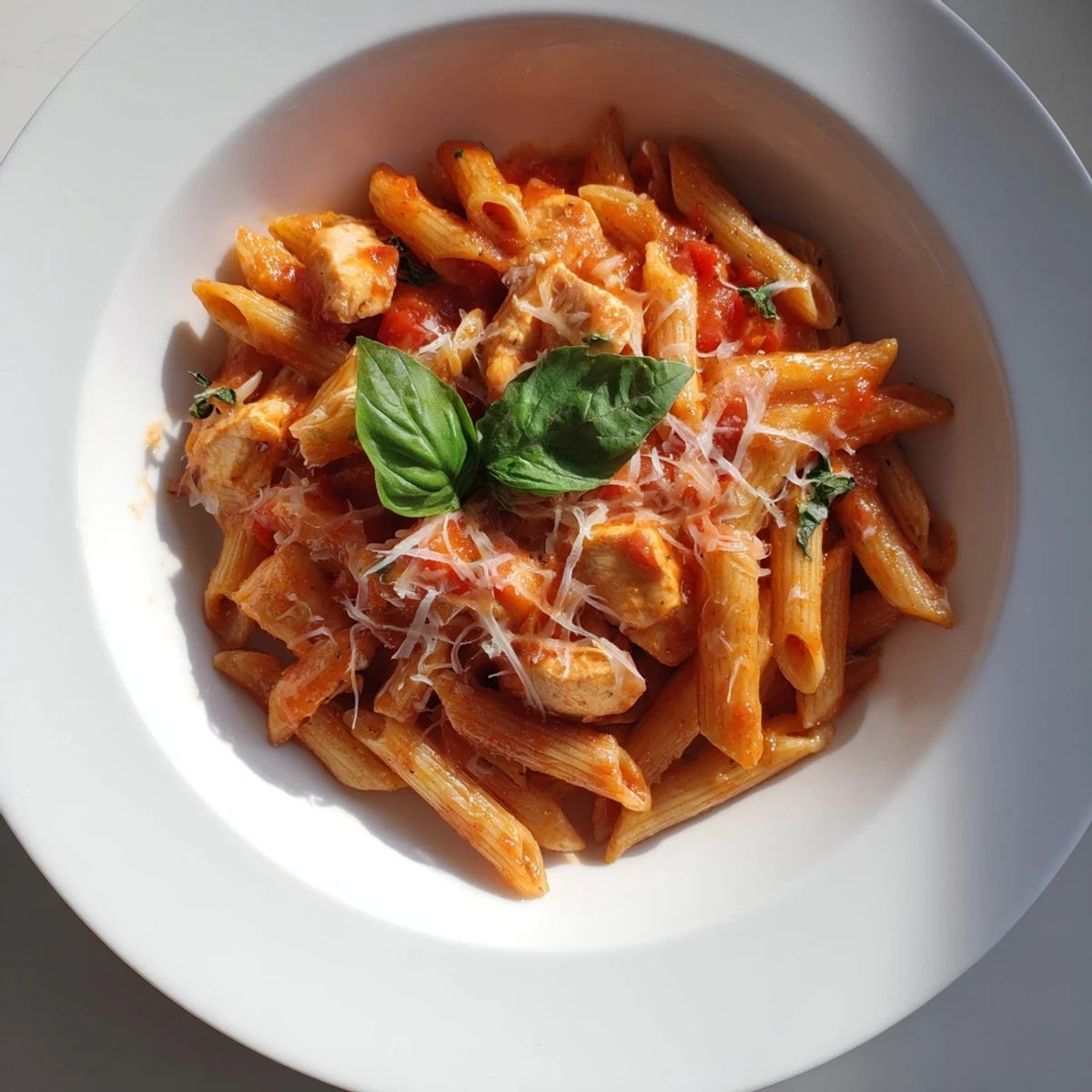 Tomato Basil Chicken Pasta served in a white bowl, featuring golden sautéed chicken pieces nestled among al dente pasta coated in a rich, chunky tomato and basil sauce.