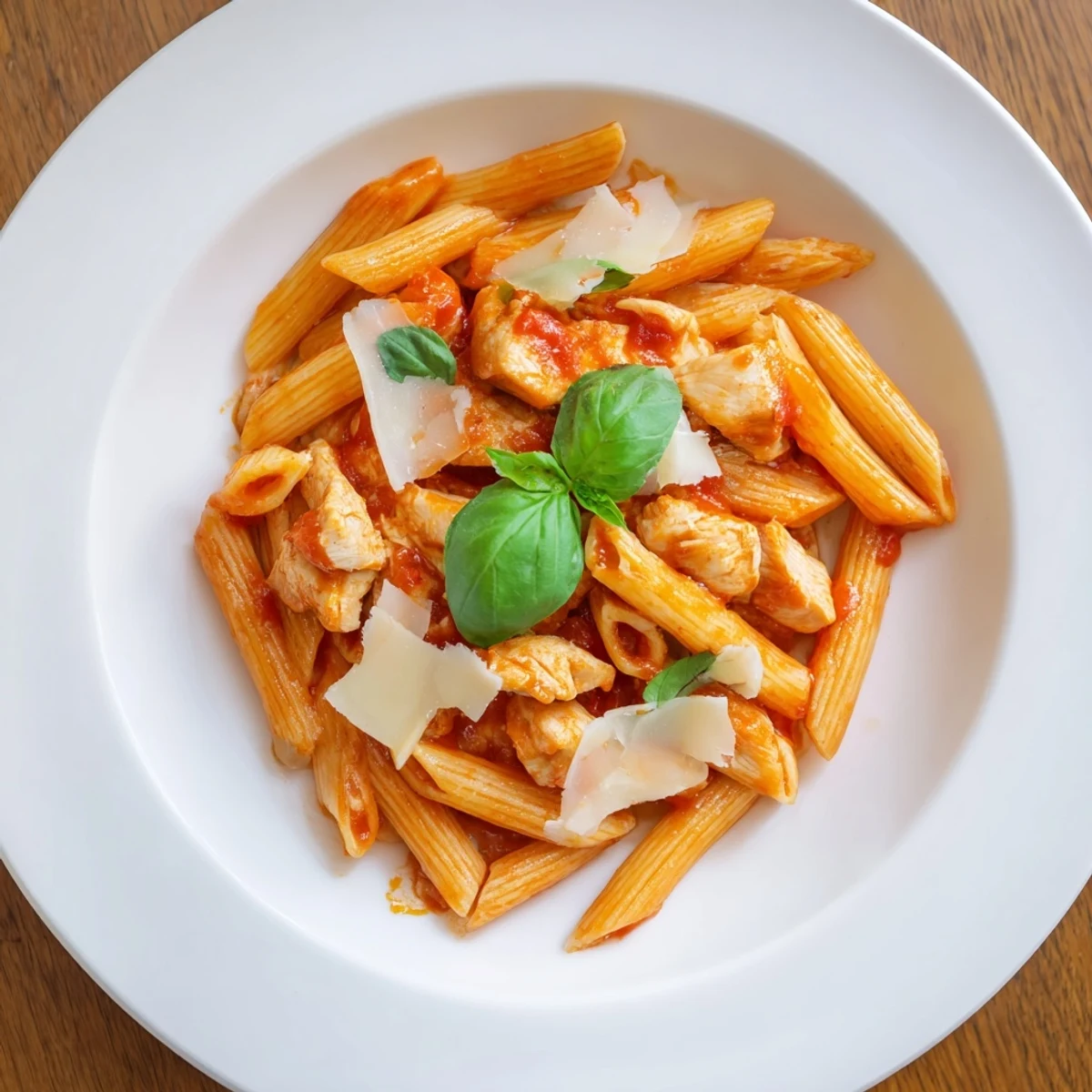 A rustic wooden table showcases the steaming Tomato Basil Chicken Pasta, ready to be paired with a glass of crisp Pinot Grigio for a classic Italian dinner.