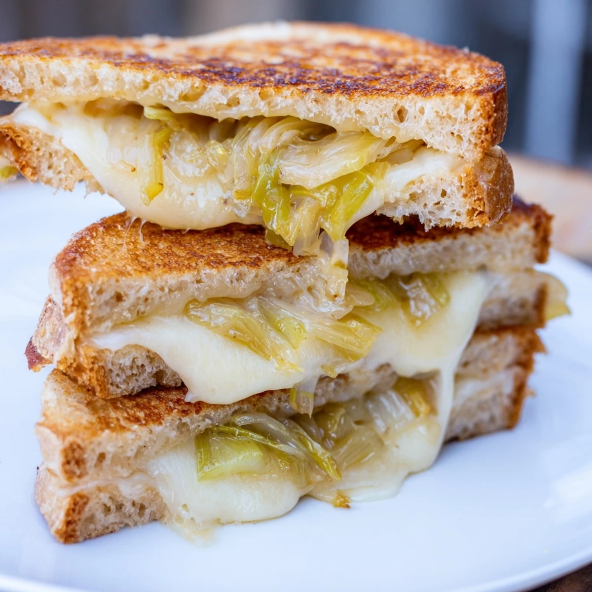 The Havarti & Caramelized Leek Grilled Cheese is sliced in half on a rustic wooden board, revealing its gooey, savory filling.