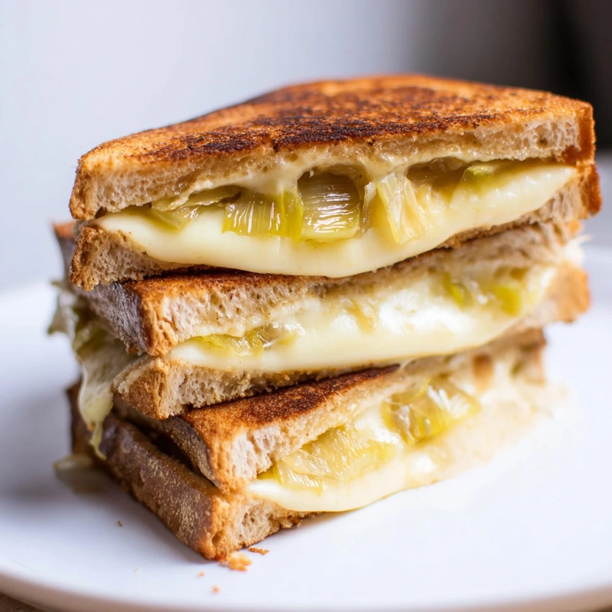 A close-up of a golden, buttery Havarti & Caramelized Leek Grilled Cheese, oozing with creamy melted cheese and sweet leeks.