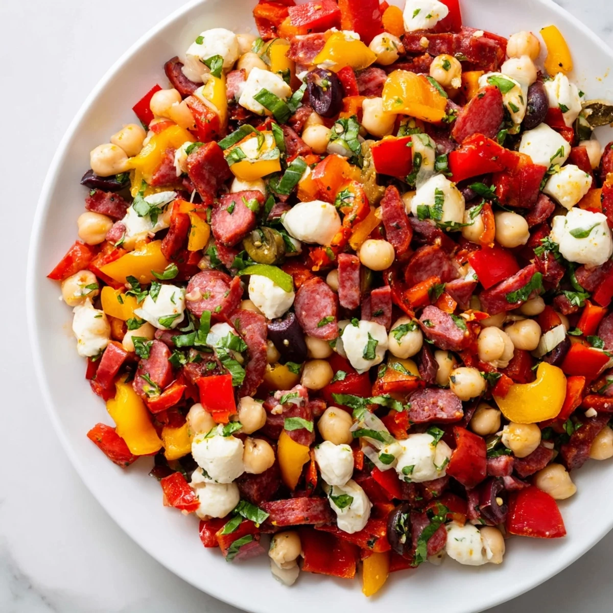 Overhead view of a fresh Crunchy Antipasto Chopped Salad with colorful peppers, cherry tomatoes, and pepperoncini, perfect for a summer picnic.