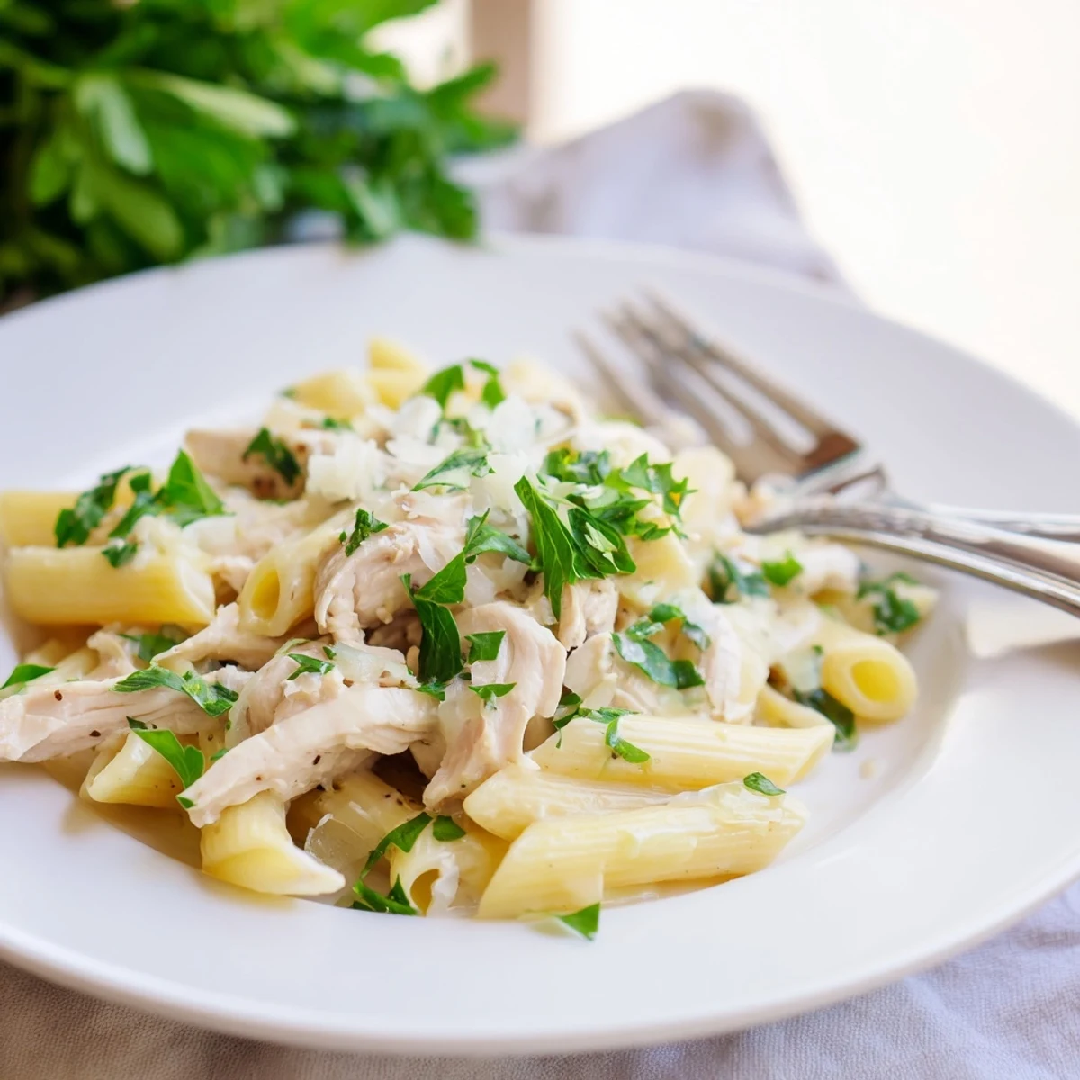 Golden roasted garlic and juicy chicken pieces are tossed with al dente penne in Roasted Garlic Chicken Penne for a comforting dinner.