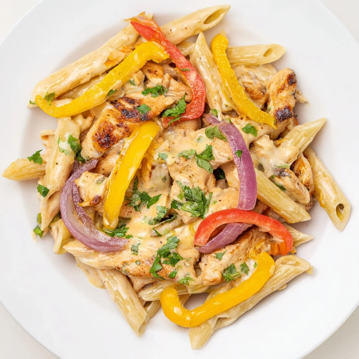 Fresh cilantro and lime garnish this vibrant Fajita Chicken Pasta Skillet, steaming beside a fork and napkin.