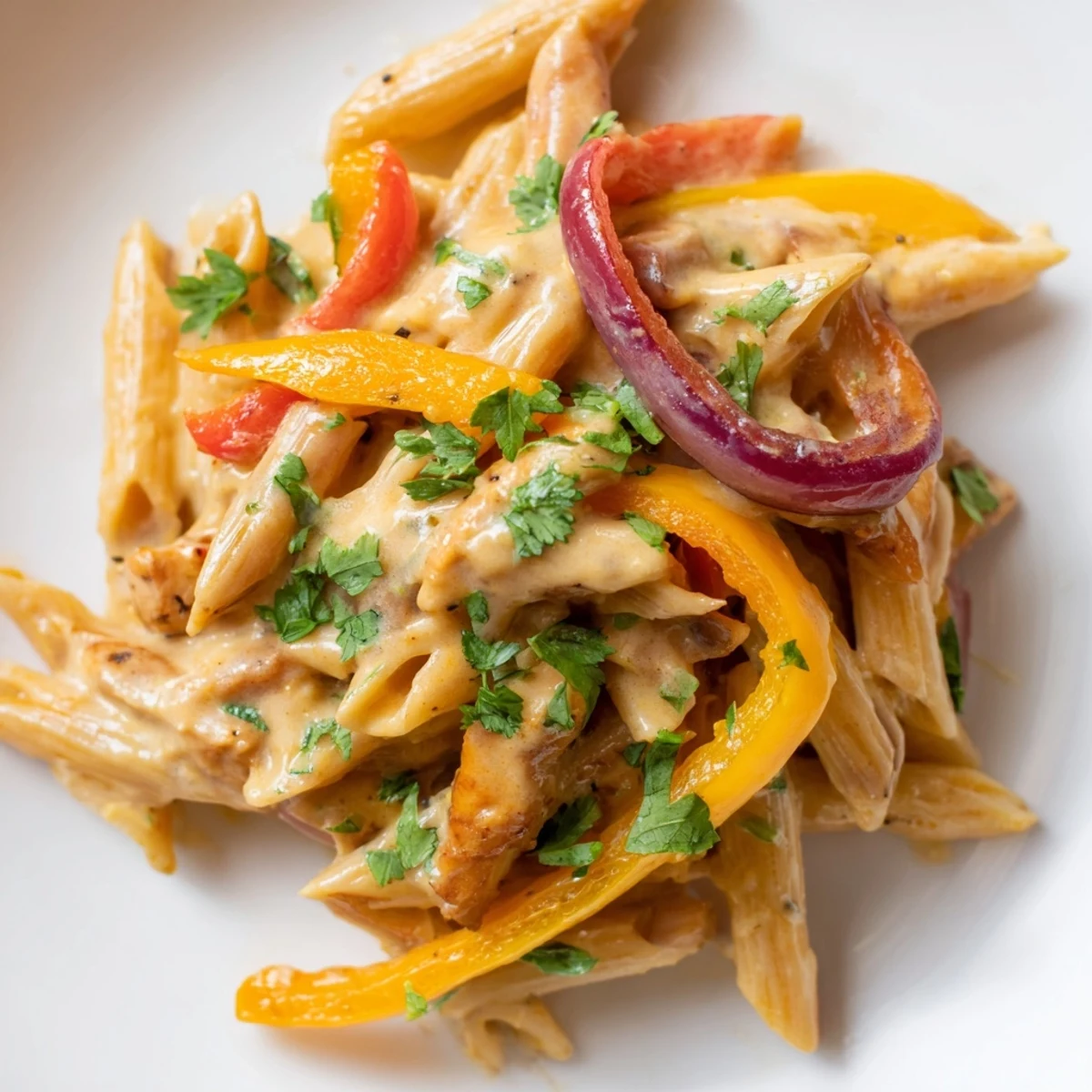 A serving of Fajita Chicken Pasta Skillet with tender chicken, bell peppers, and onions on a rustic plate.