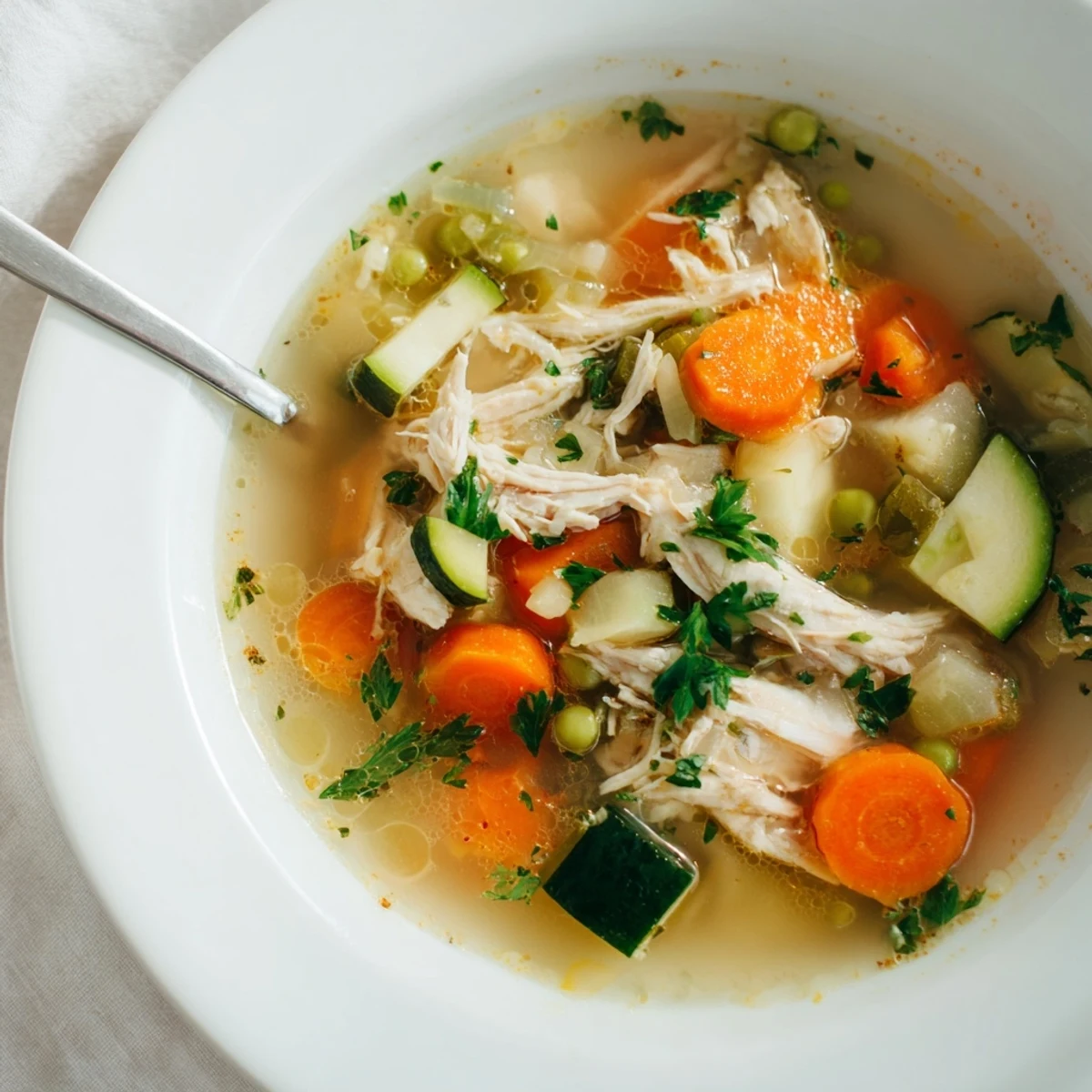 Comforting Spring Garden Chicken Soup with colorful vegetables and herbs, ready to serve with crusty bread.
