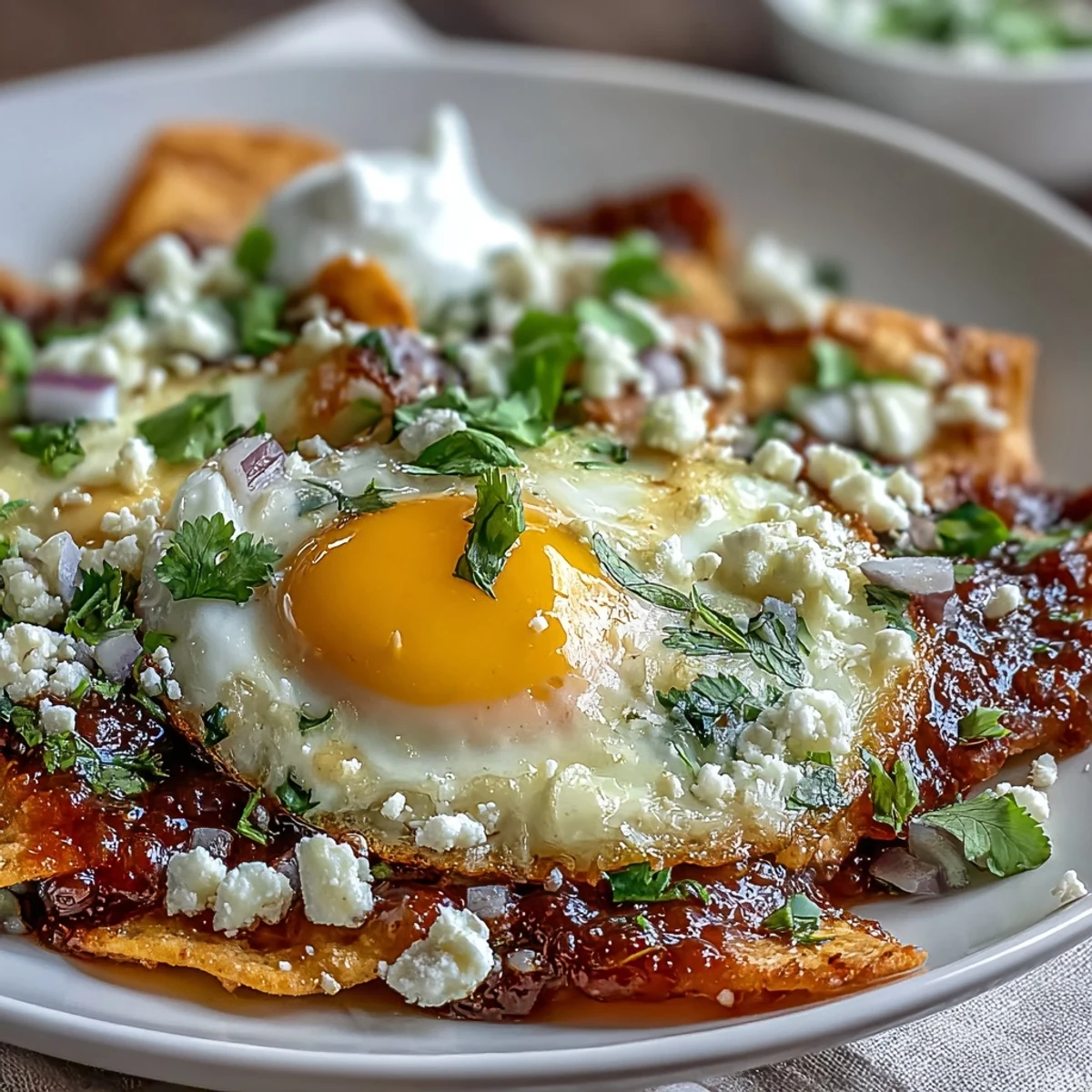 Crispy tortilla chips coated in vibrant salsa verde, topped with a runny egg, crumbled queso fresco, and fresh cilantro for a classic chilaquiles breakfast.  
