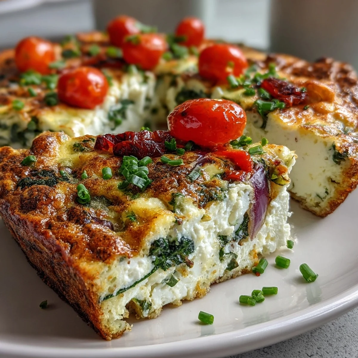 A close-up of High-Protein Sheet Pan Eggs, showcasing fluffy texture, diced zucchini, and spinach nestled within the baked egg mixture.