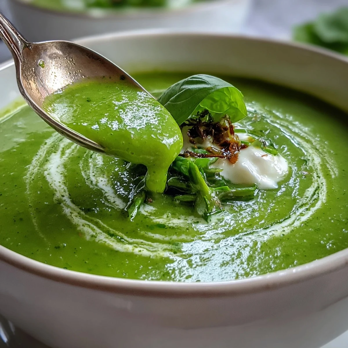 Vibrant Courgette, Pea and Pesto Soup in a rustic bowl, topped with a swirl of creamy pesto and fresh basil garnish.