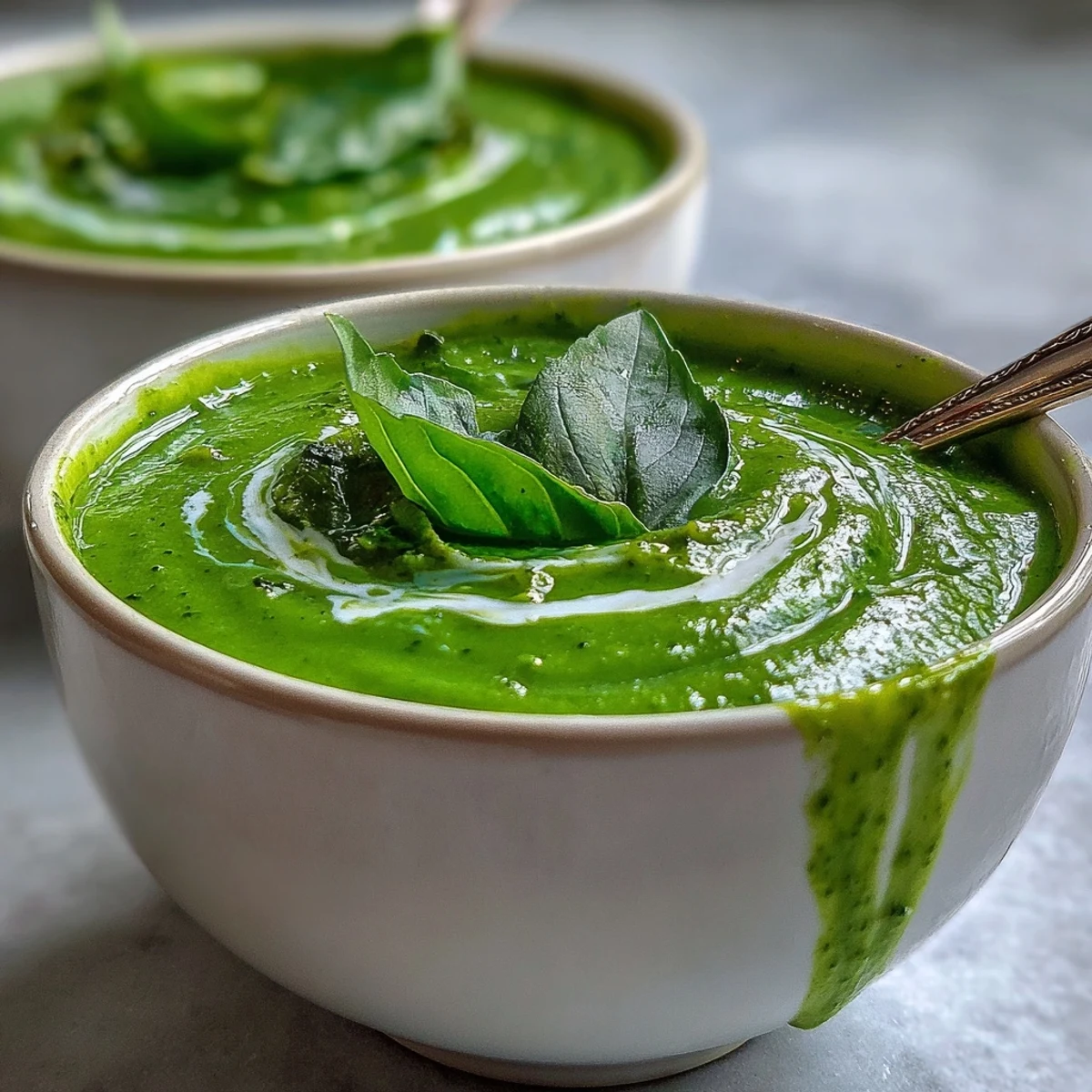 A steaming bowl of Courgette, Pea and Pesto Soup paired with crusty bread for dipping on a bright spring-inspired table.