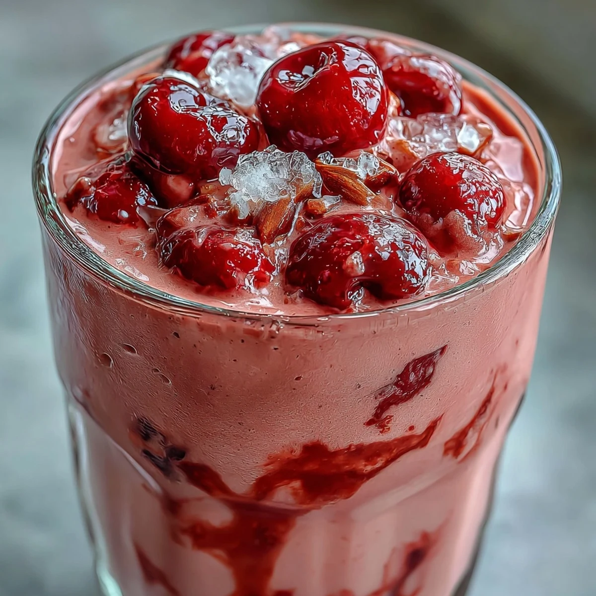 Vibrant Cherry Almond Smoothie poured over ice, showcasing a thick, smooth texture and nutty aroma.